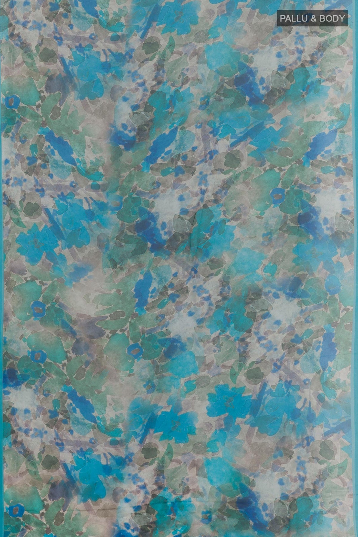 Flat view of Blue Chiffon Saree with Printed design on the body and Plain Border. 