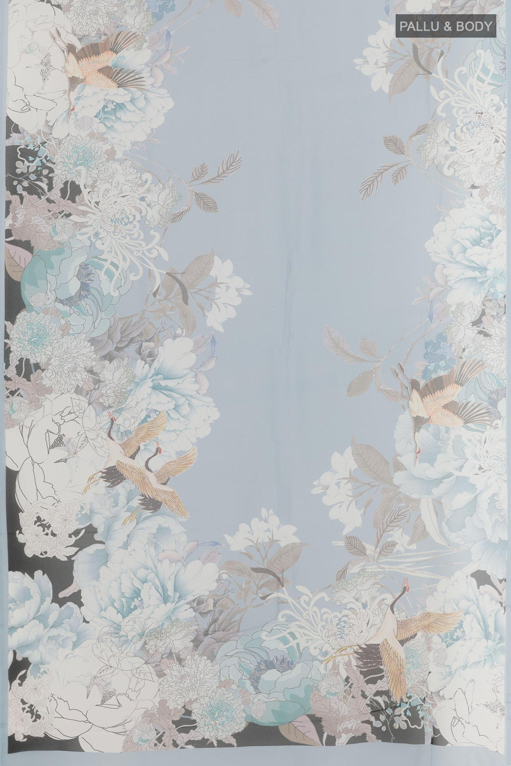 Flat view of Blue Chiffon Saree with Printed design on the body and Plain Border. 