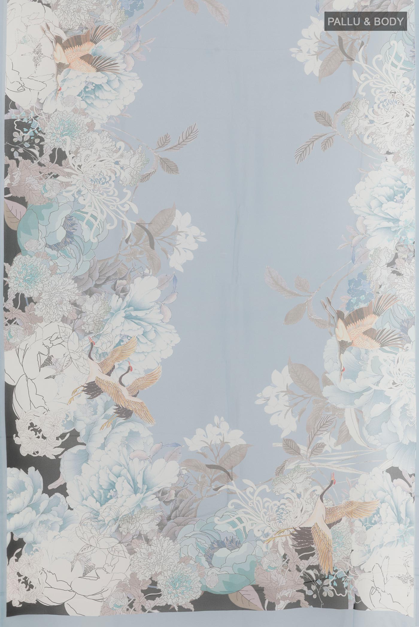 Flat view of Blue Chiffon Saree with Printed design on the body and Plain Border. 