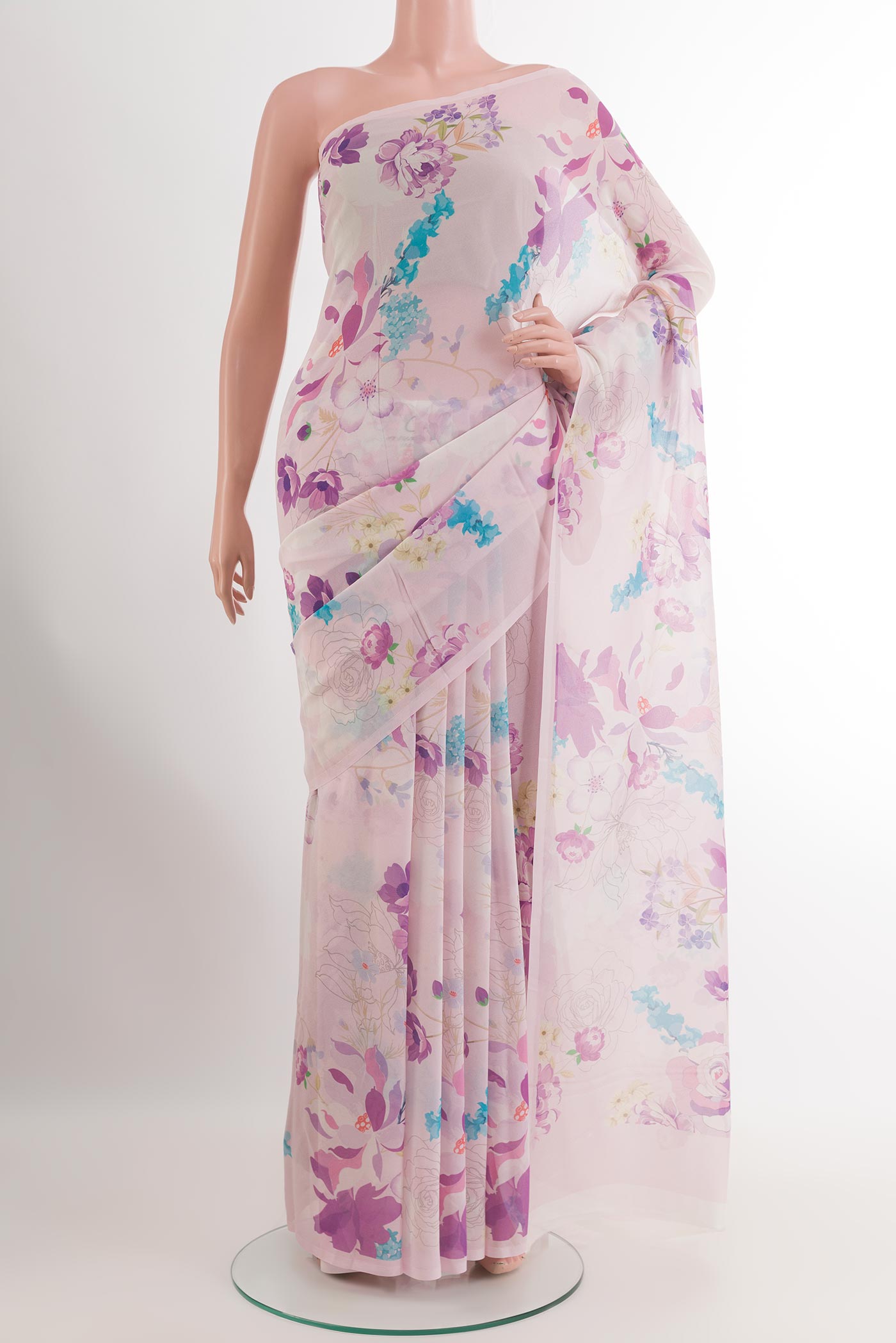 Rose pink Chiffon Saree with Printed design on the body and Plain Border.  displayed on a mannequin
