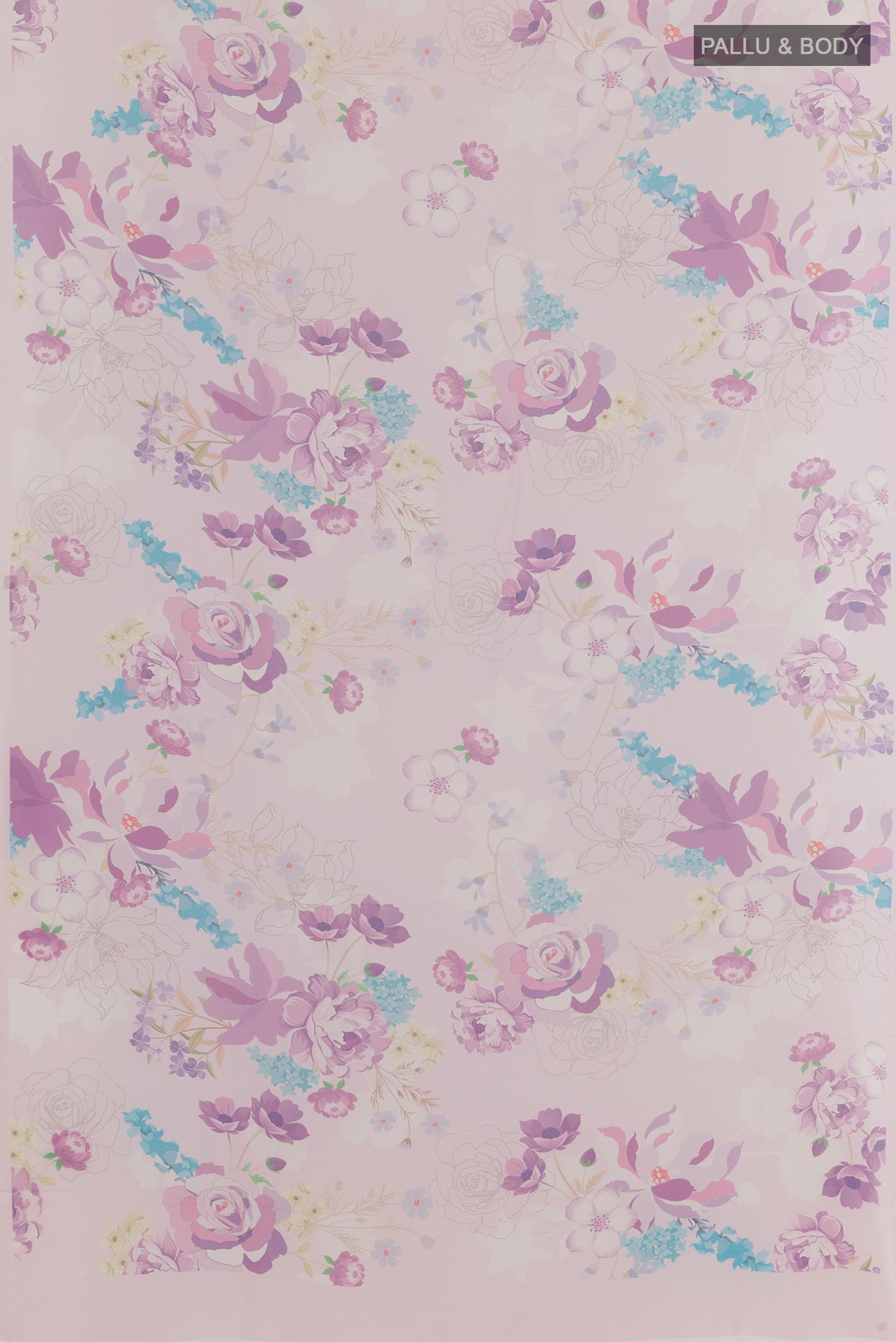 Flat view of Rose pink Chiffon Saree with Printed design on the body and Plain Border. 