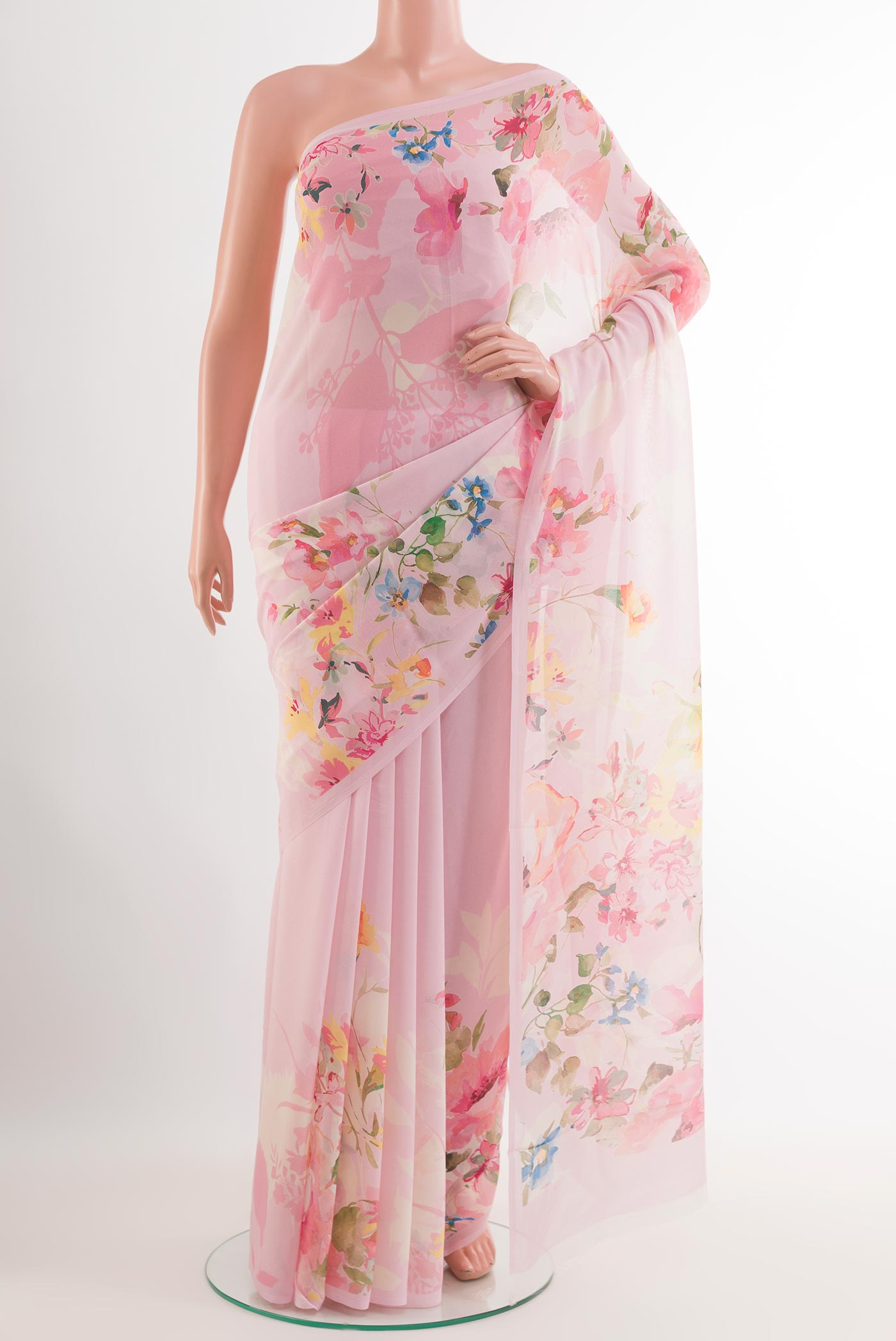 Rose pink Chiffon Saree with Printed design on the body and Plain Border.  displayed on a mannequin