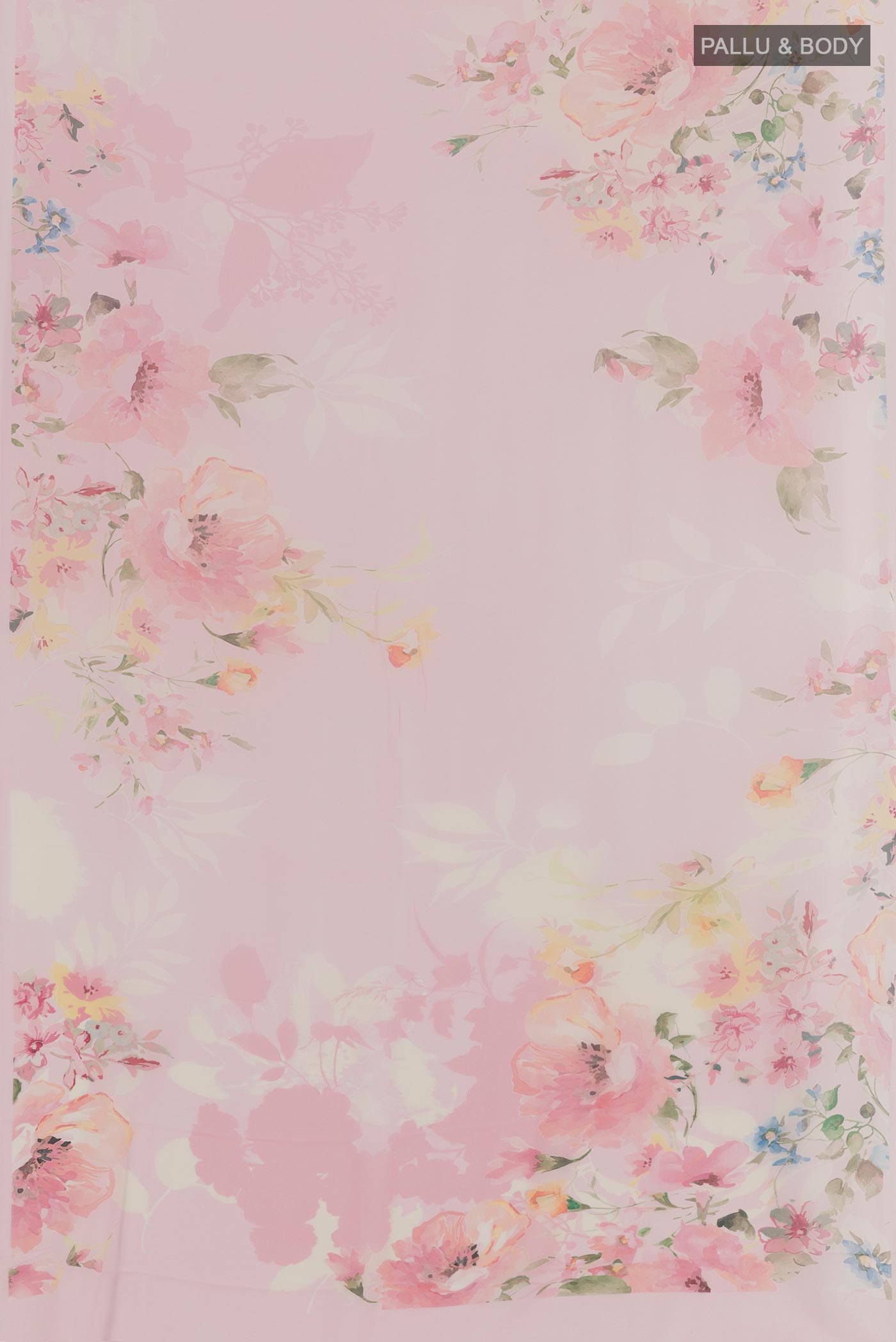 Flat view of Rose pink Chiffon Saree with Printed design on the body and Plain Border. 