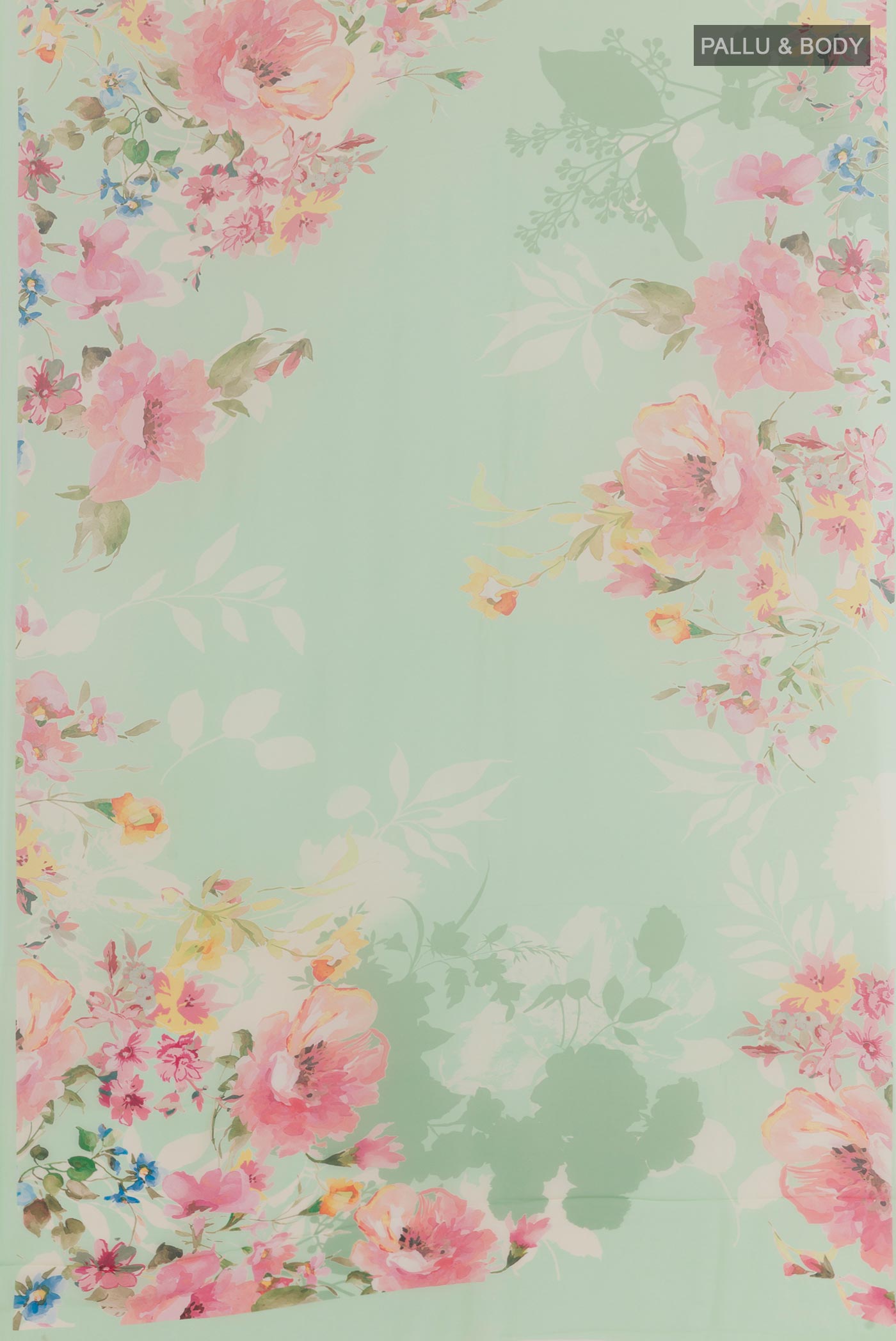 Flat view of Light Green Chiffon Saree with Printed design on the body and Plain Border. 
