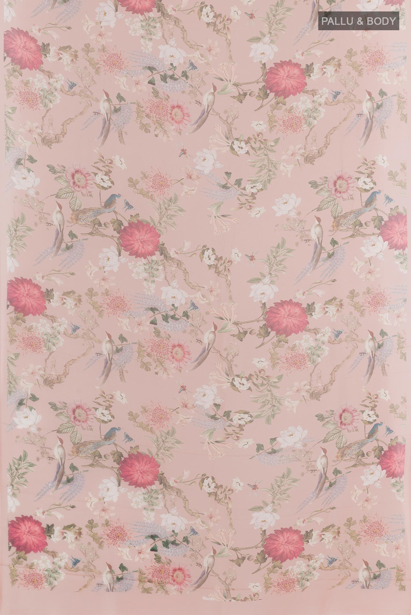 Flat view of Rose pink Chiffon Saree with Printed design on the body and Plain Border. 