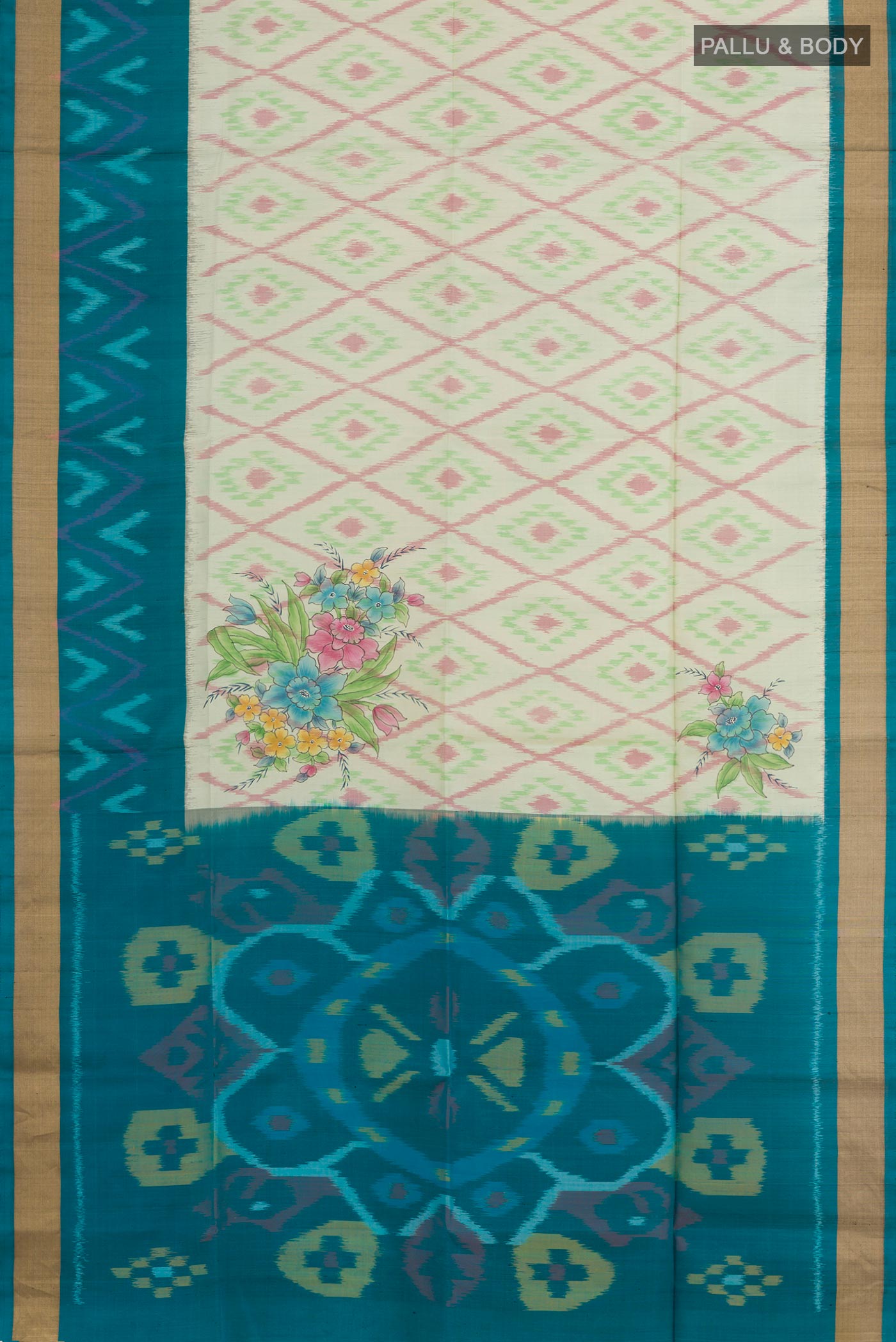 Flat view of Mint Green Soft Silk Saree with Pure Ikat on the body and Zari Border. 