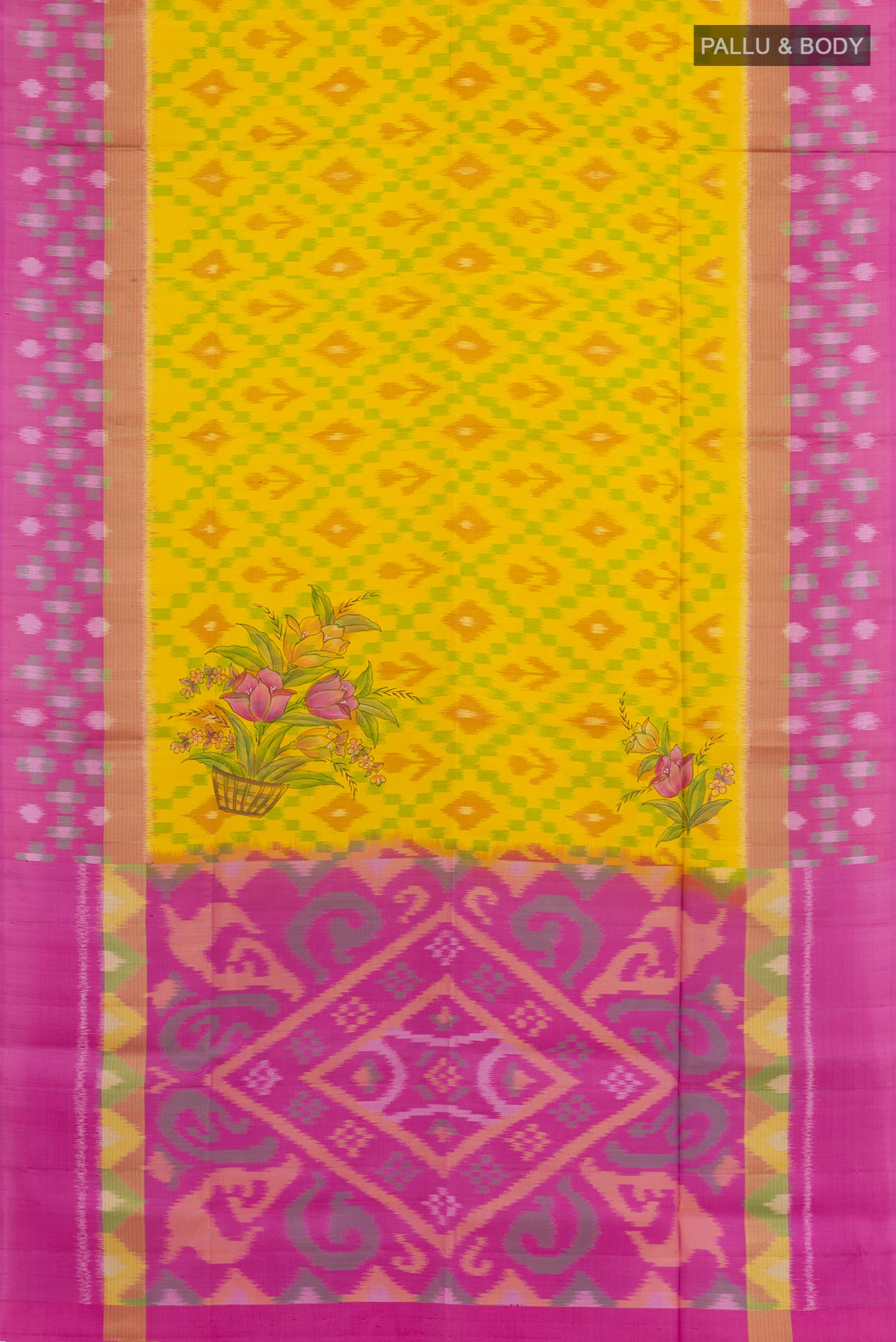 Flat view of Yellow Soft Silk Saree with Pure Ikat on the body and Zari Border. 