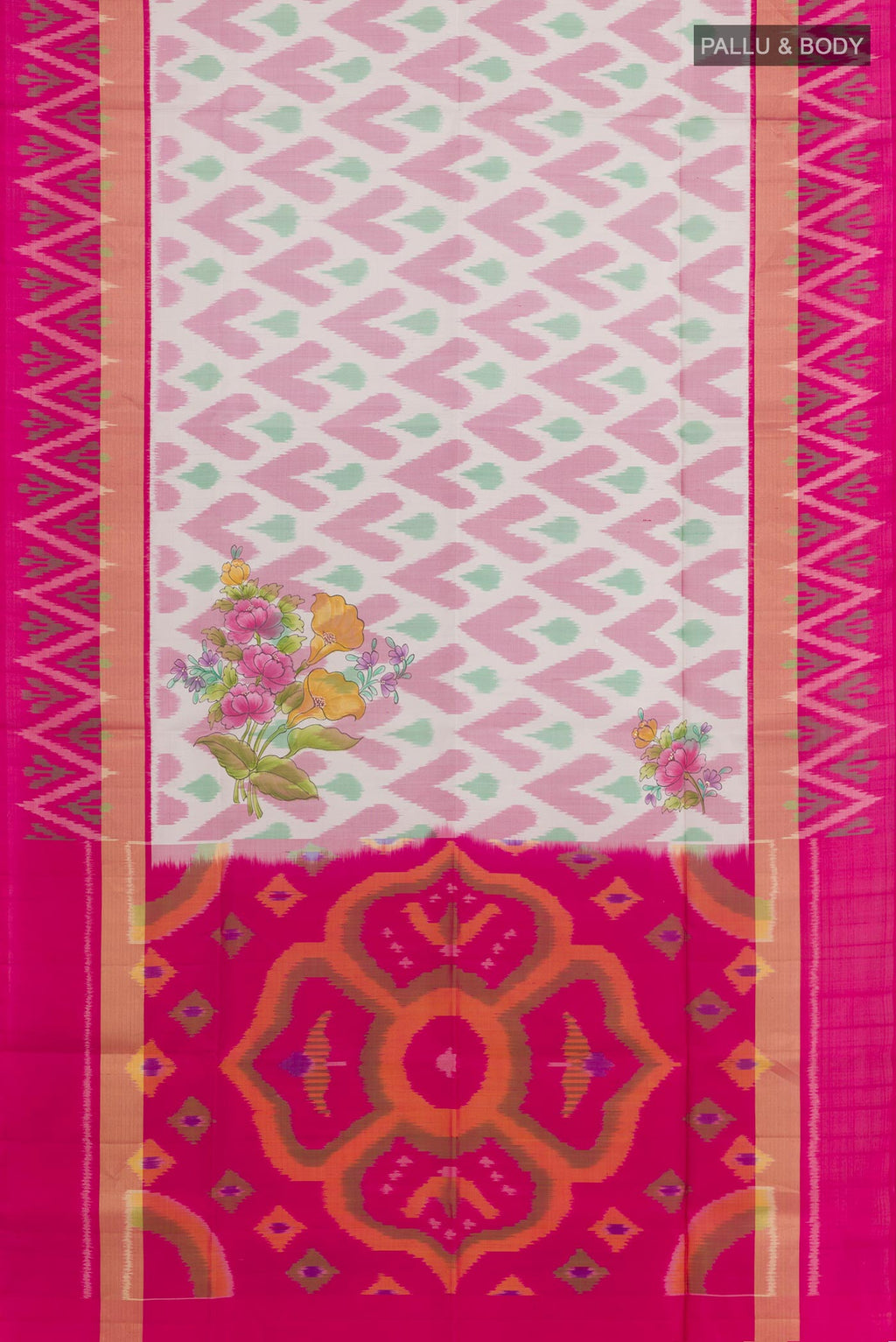 Flat view of Off White Soft Silk Saree with Pure Ikat on the body and Zari Border. 