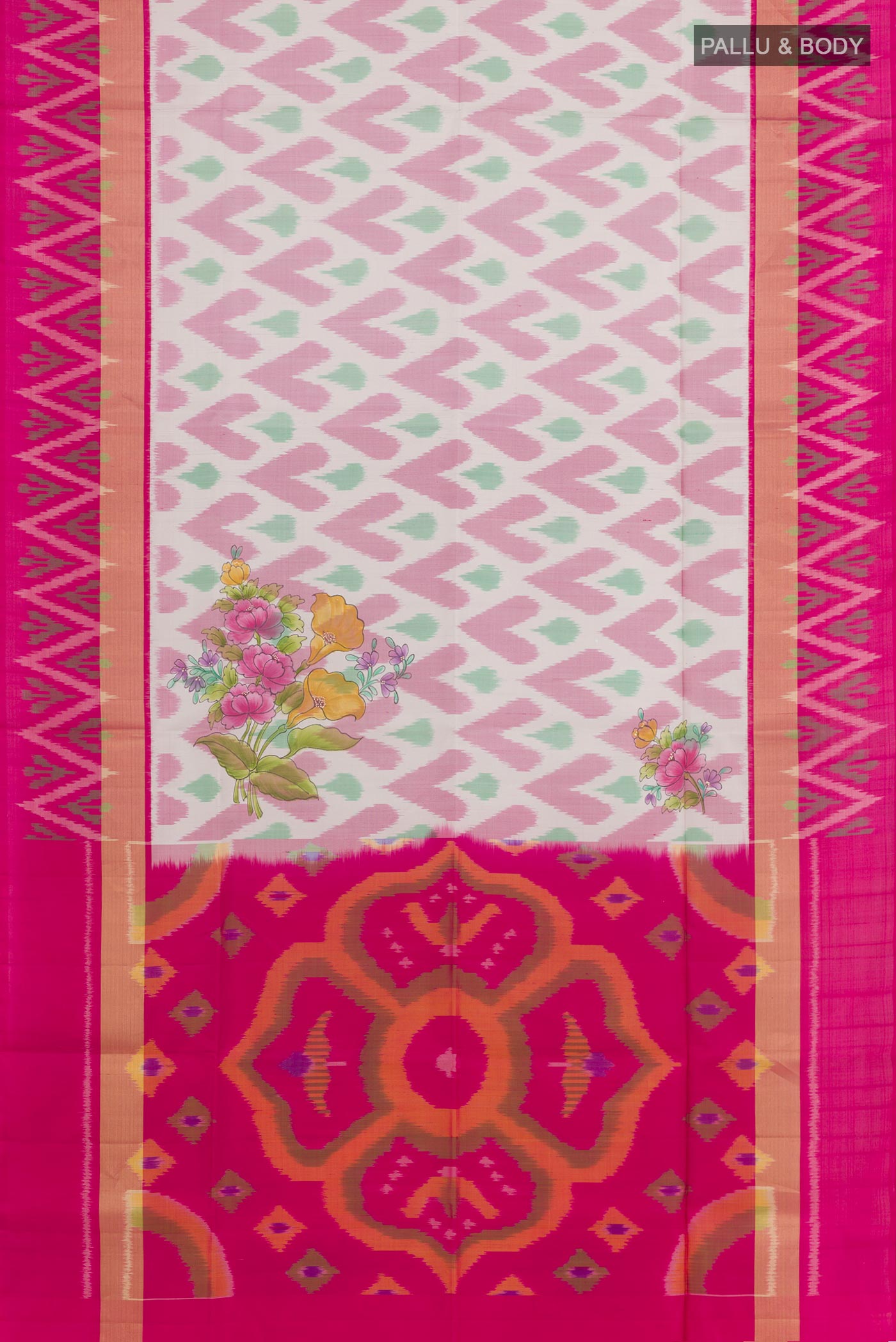 Flat view of Off White Soft Silk Saree with Pure Ikat on the body and Zari Border. 