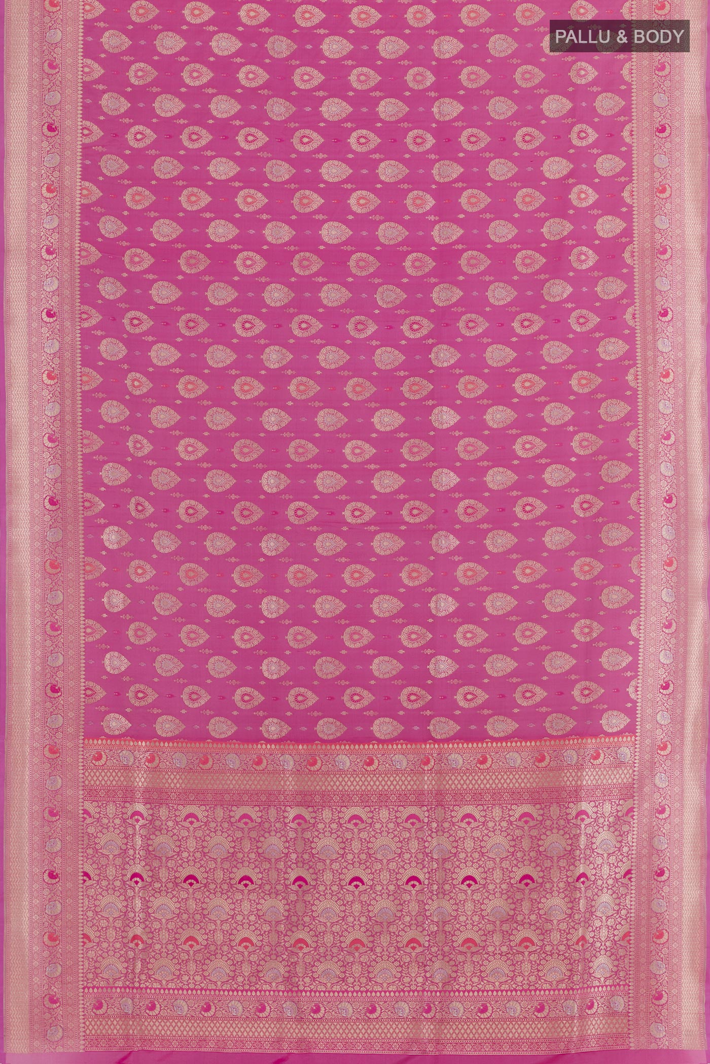 Flat view of Pink Banarasi Silk Saree with Zari Butta on the body and Zari Border. 