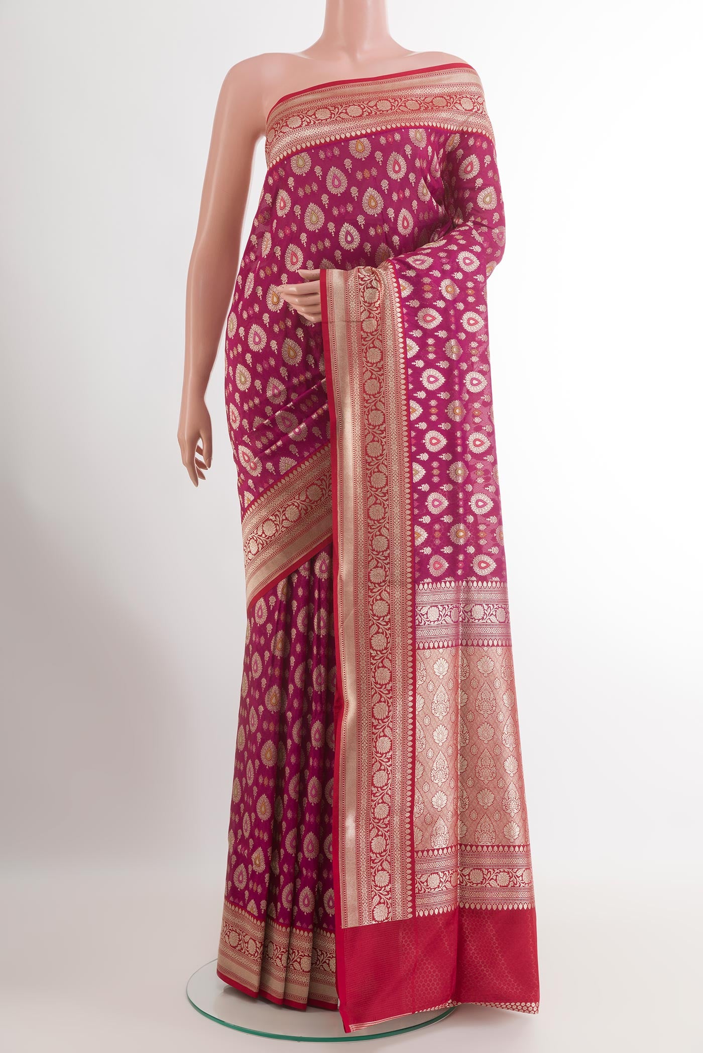 Purple Banarasi Silk Saree with Zari Brocade on the body and Zari Border.  displayed on a mannequin