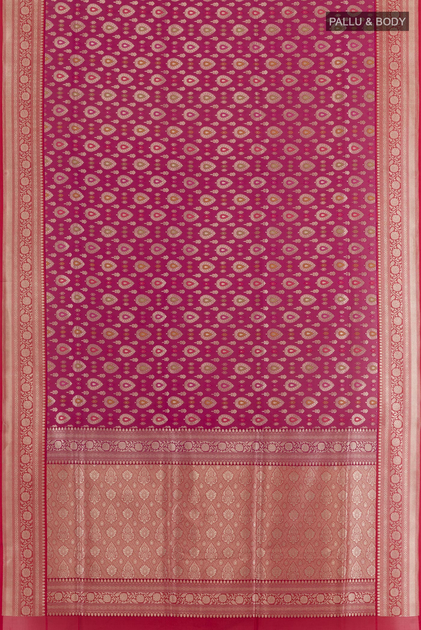 Flat view of Purple Banarasi Silk Saree with Zari Brocade on the body and Zari Border. 