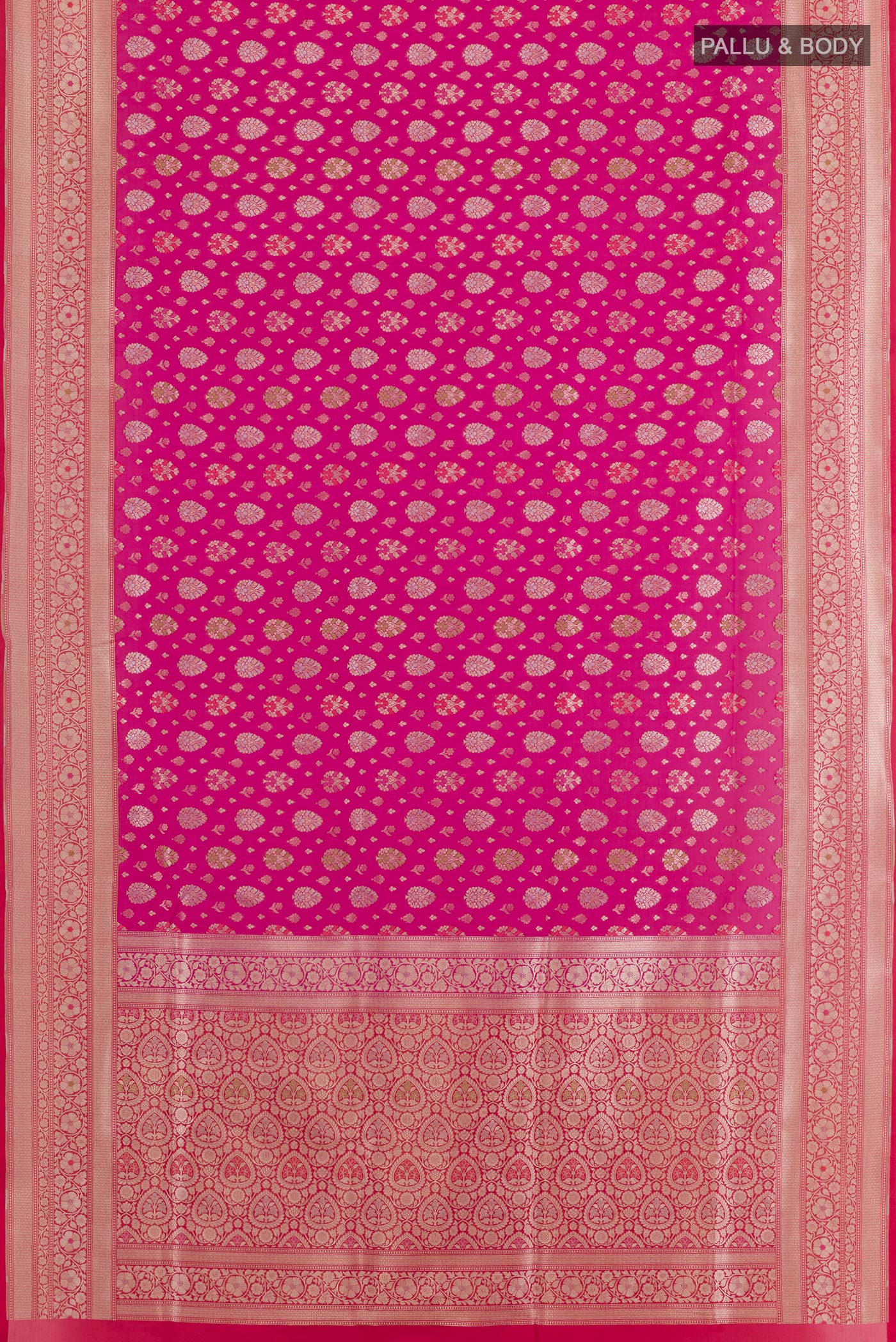Flat view of Pink Banarasi Silk Saree with Zari Brocade on the body and Zari Border. 