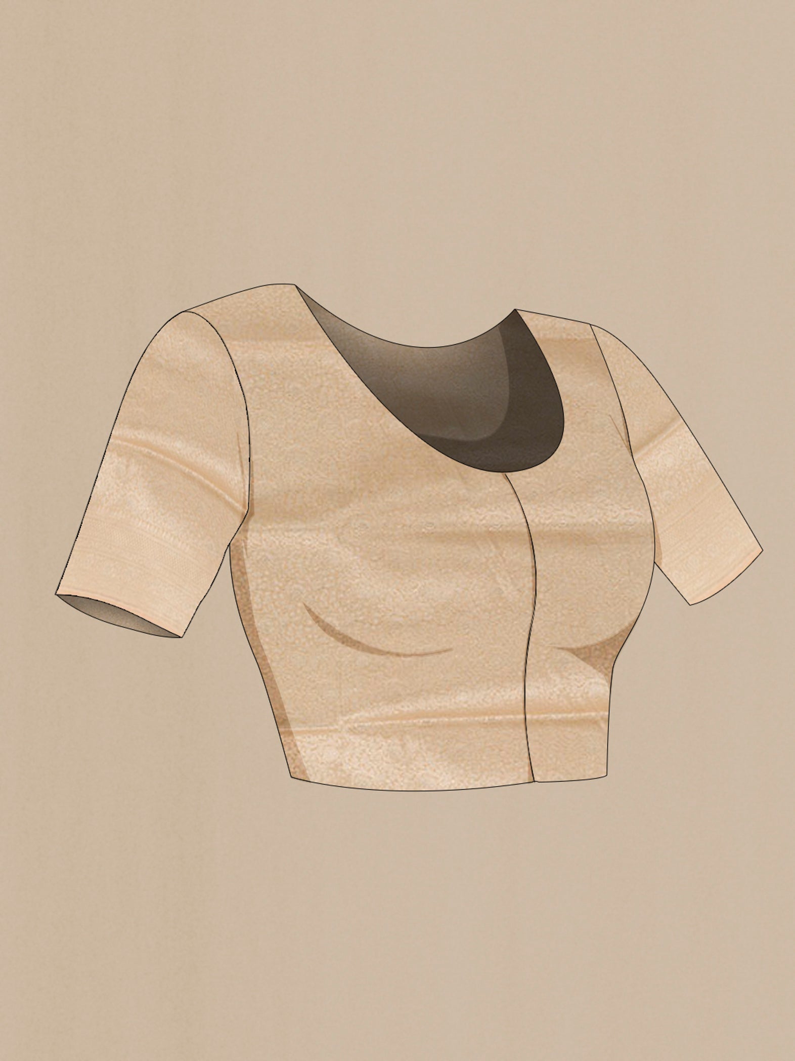 Close up image of the blouse of Beige Banarasi Silk Saree with Zari Brocade on the body and Zari Border. 