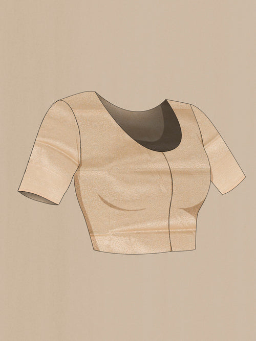 Close up image of the blouse of Beige Banarasi Silk Saree with Zari Brocade on the body and Zari Border. 