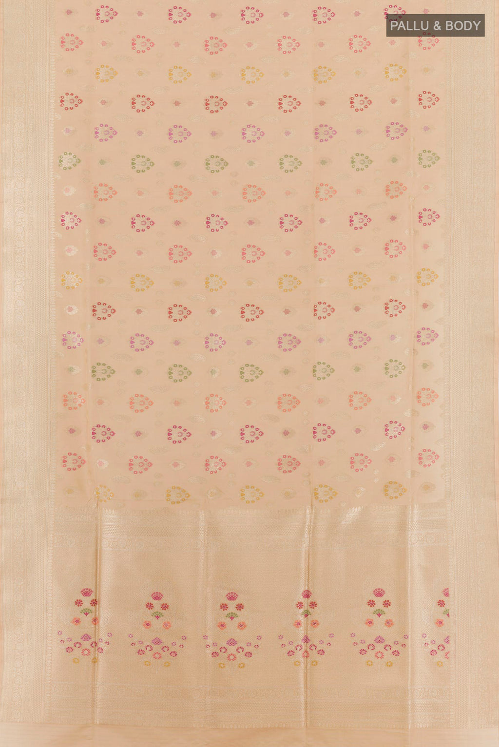 Flat view of Beige Banarasi Silk Saree with Zari Brocade on the body and Zari Border. 