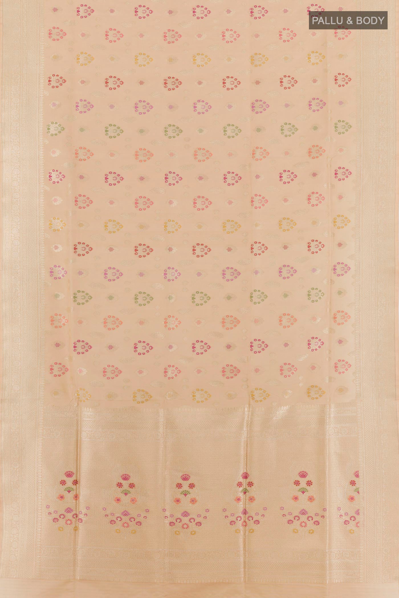 Flat view of Beige Banarasi Silk Saree with Zari Brocade on the body and Zari Border. 