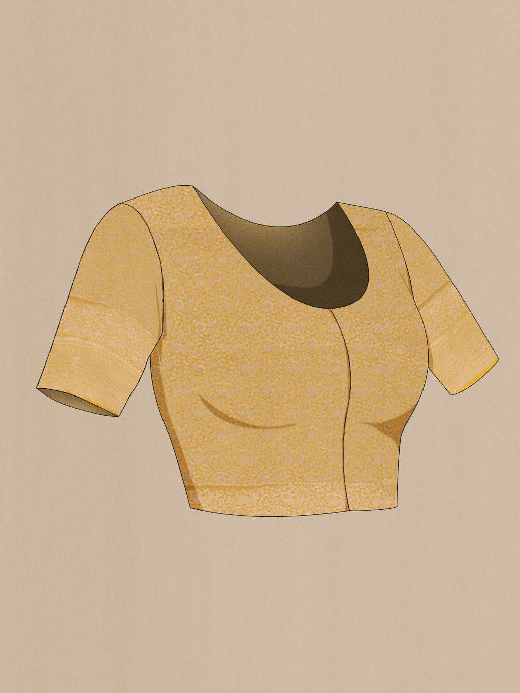 Close up image of the blouse of Yellow Banarasi Silk Saree with Zari Butta on the body and Zari Border. 