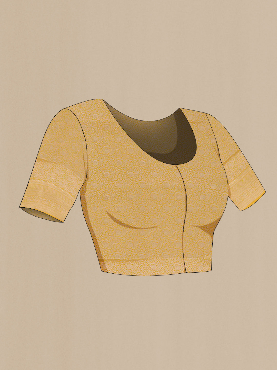 Close up image of the blouse of Yellow Banarasi Silk Saree with Zari Butta on the body and Zari Border. 