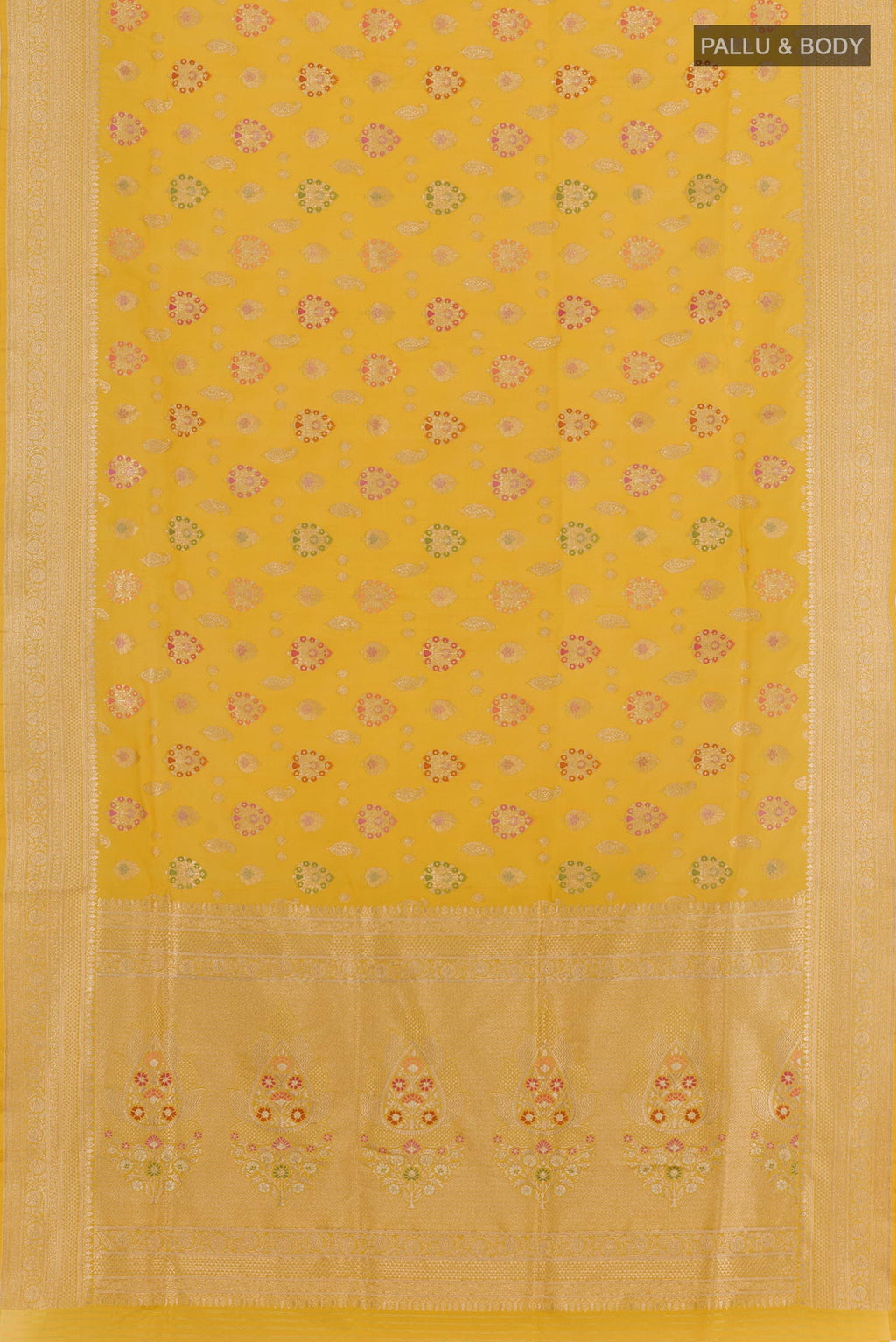Flat view of Yellow Banarasi Silk Saree with Zari Butta on the body and Zari Border. 