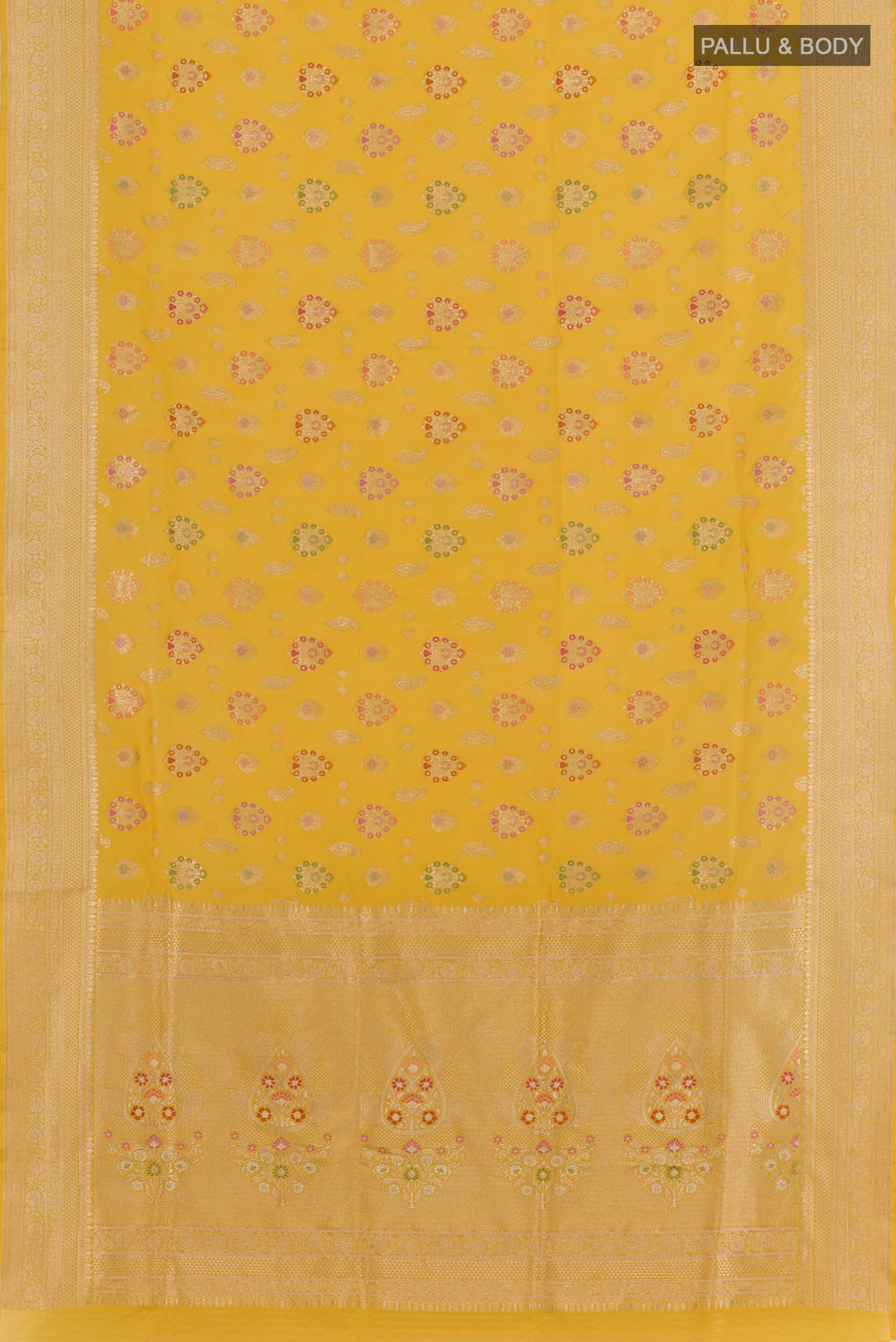 Flat view of Yellow Banarasi Silk Saree with Zari Butta on the body and Zari Border. 