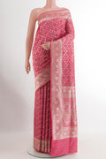Pink Banarasi Silk Saree with Zari Brocade on the body and Zari Border.  displayed on a mannequin