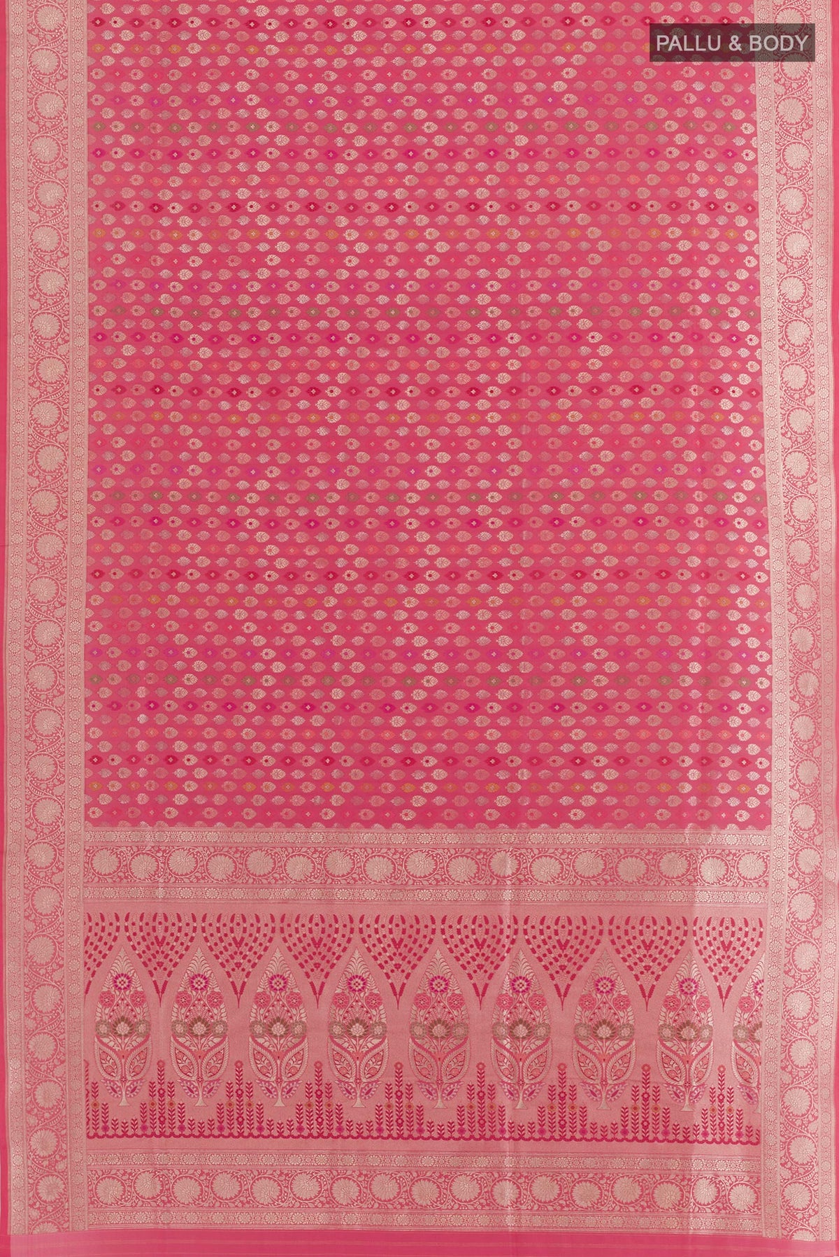 Flat view of Pink Banarasi Silk Saree with Zari Brocade on the body and Zari Border. 