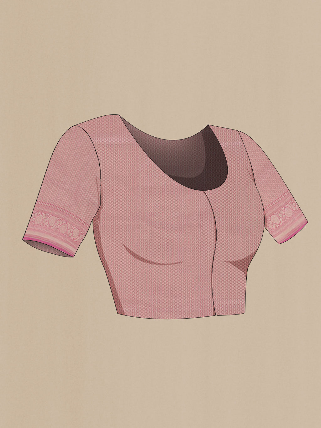 Close up image of the blouse of Pink Banarasi Silk Saree with Zari Brocade on the body and Zari Border. 