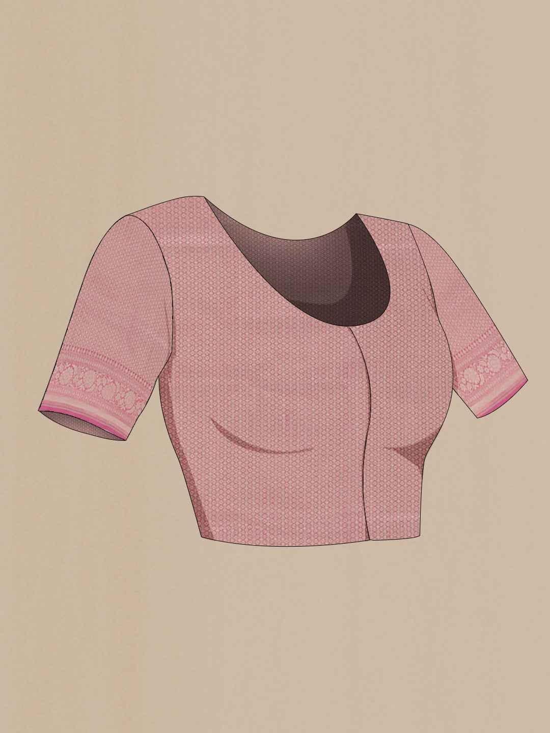 Close up image of the blouse of Pink Banarasi Silk Saree with Zari Brocade on the body and Zari Border. 