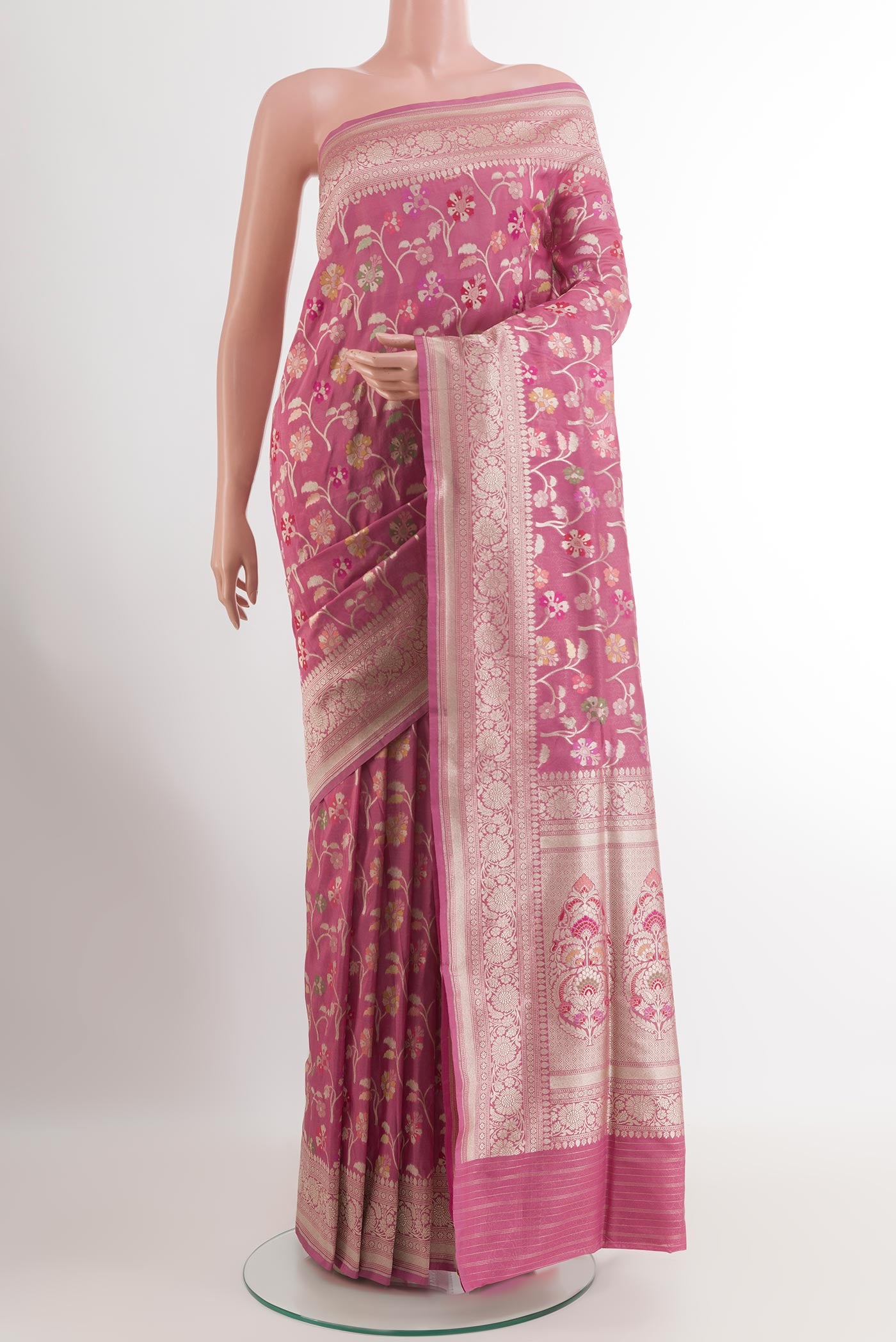Pink Banarasi Silk Saree with Zari Brocade on the body and Zari Border.  displayed on a mannequin