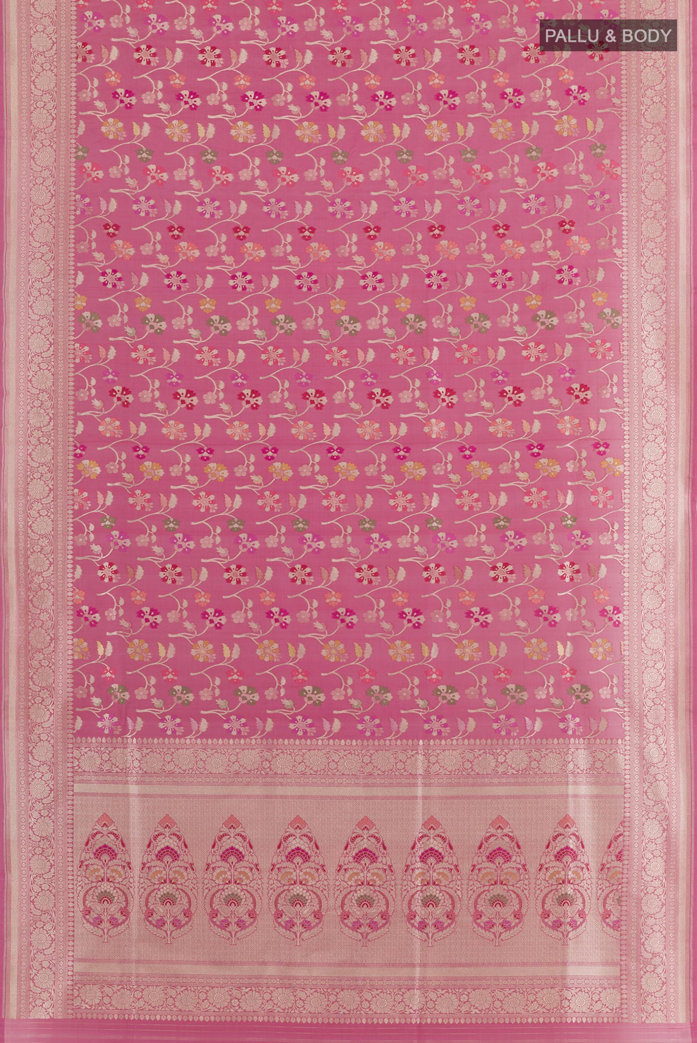 Flat view of Pink Banarasi Silk Saree with Zari Brocade on the body and Zari Border. 