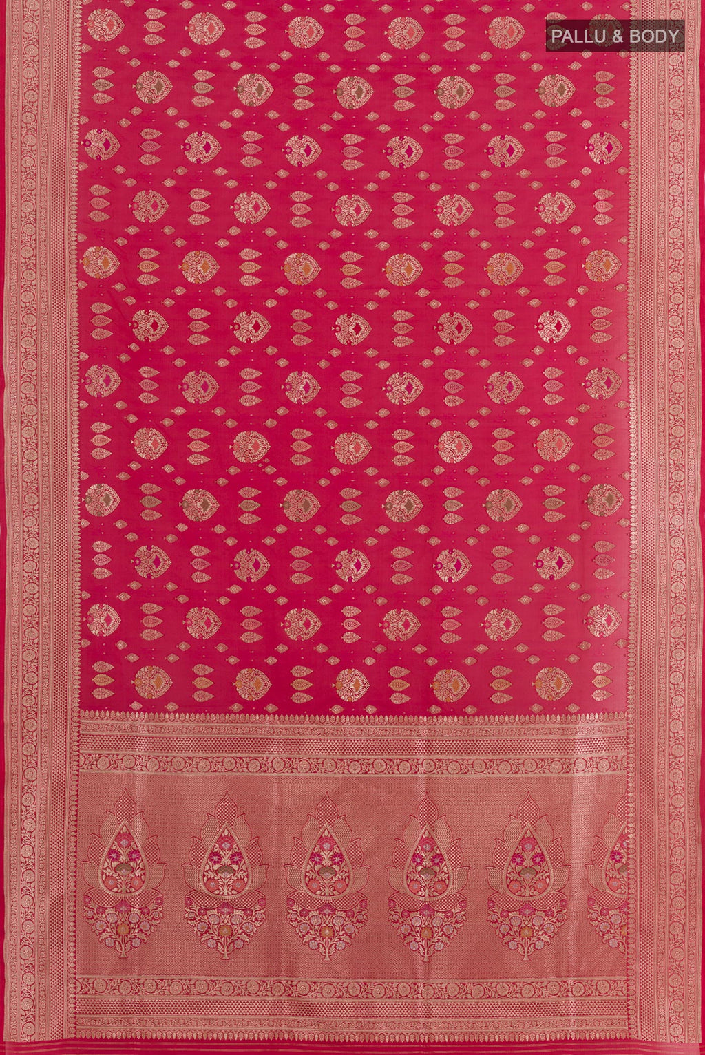 Flat view of Red Banarasi Silk Saree with Zari Butta on the body and Zari Border. 