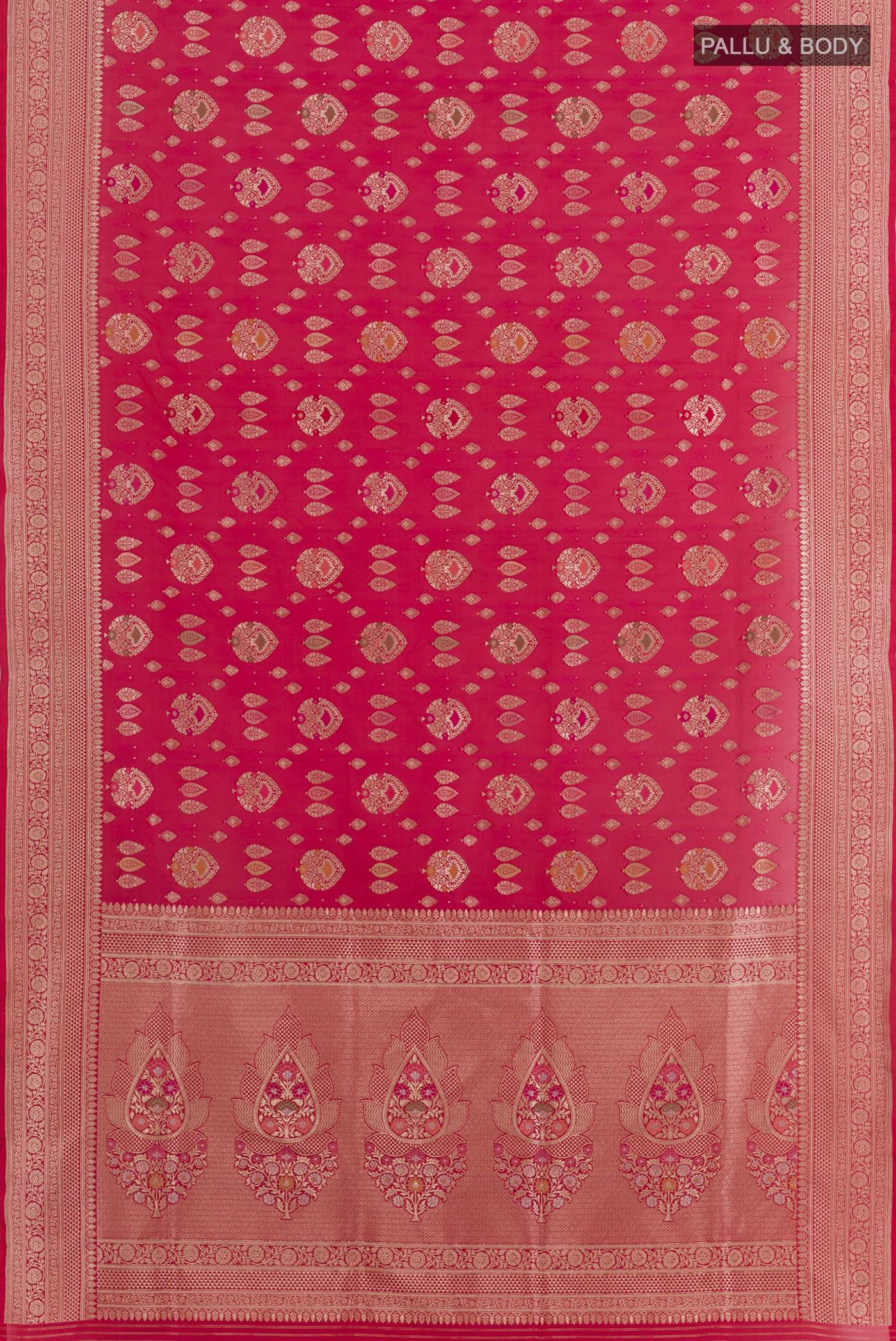Flat view of Red Banarasi Silk Saree with Zari Butta on the body and Zari Border. 