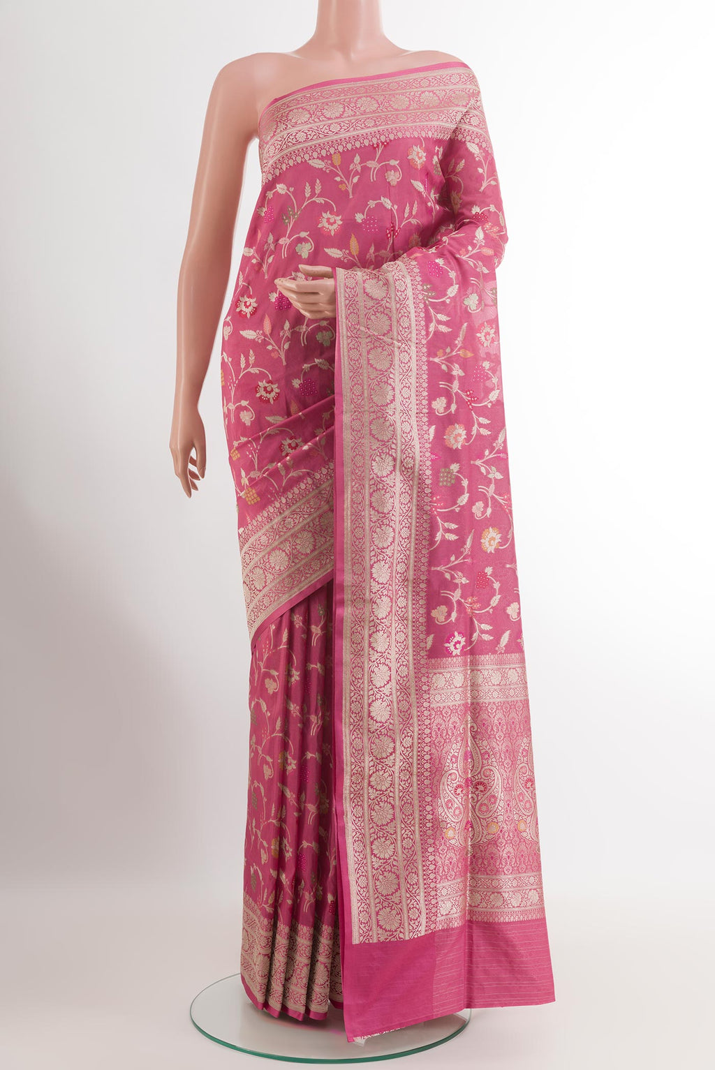 Pink Banarasi Silk Saree with Zari Brocade on the body and Zari Border.  displayed on a mannequin