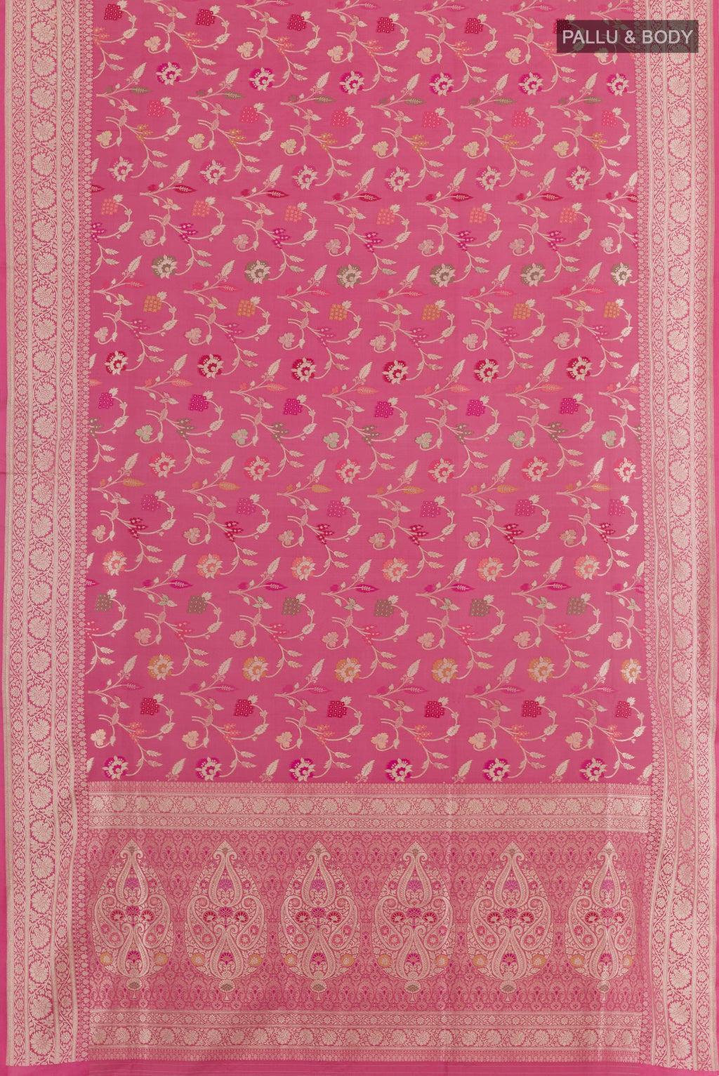 Flat view of Pink Banarasi Silk Saree with Zari Brocade on the body and Zari Border. 