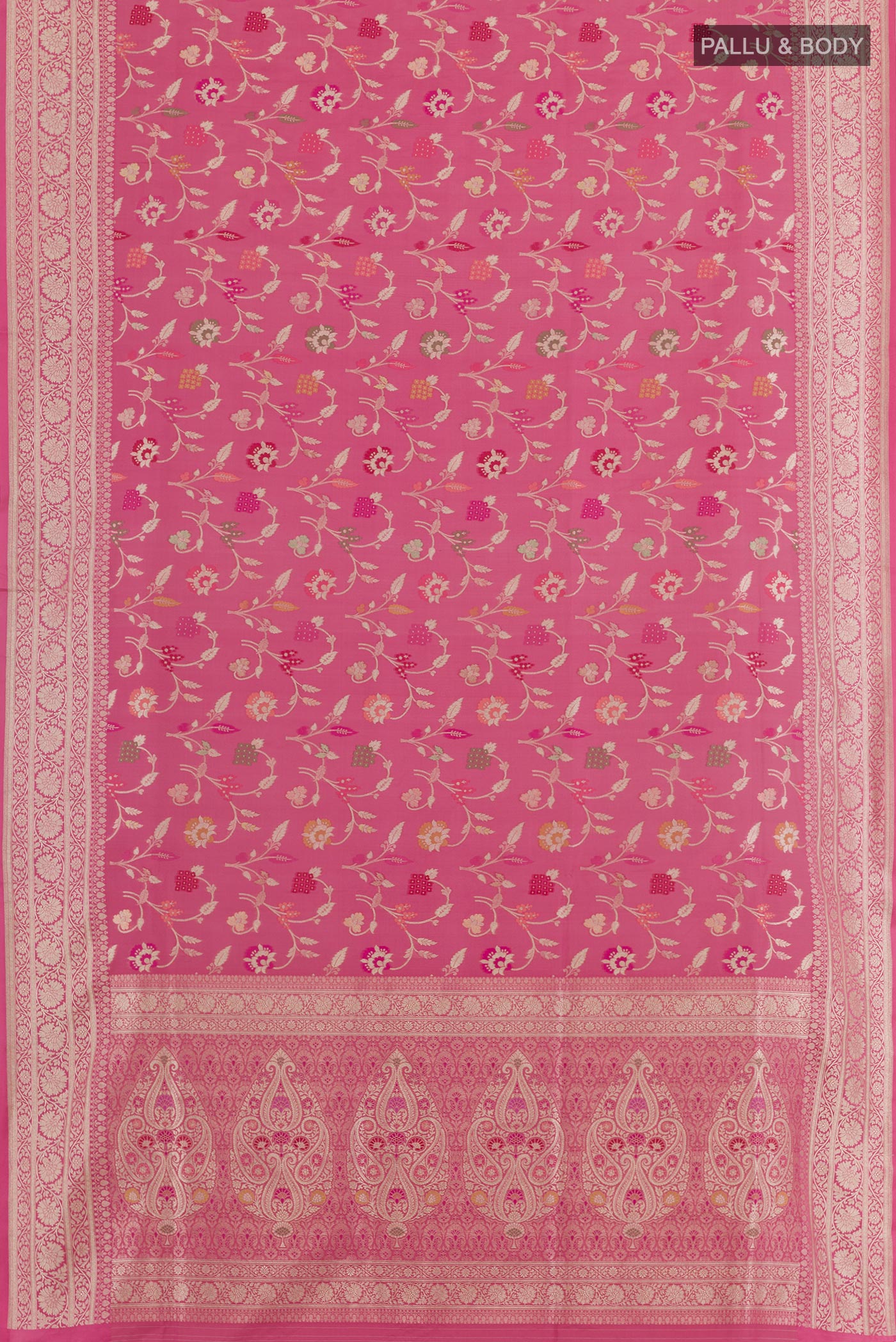 Flat view of Pink Banarasi Silk Saree with Zari Brocade on the body and Zari Border. 