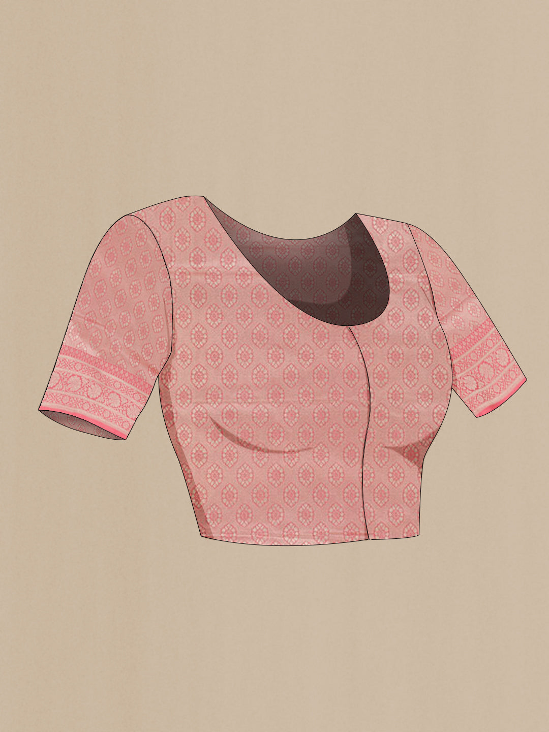 Close up image of the blouse of Pink Banarasi Silk Saree with Zari Brocade on the body and Zari Border. 
