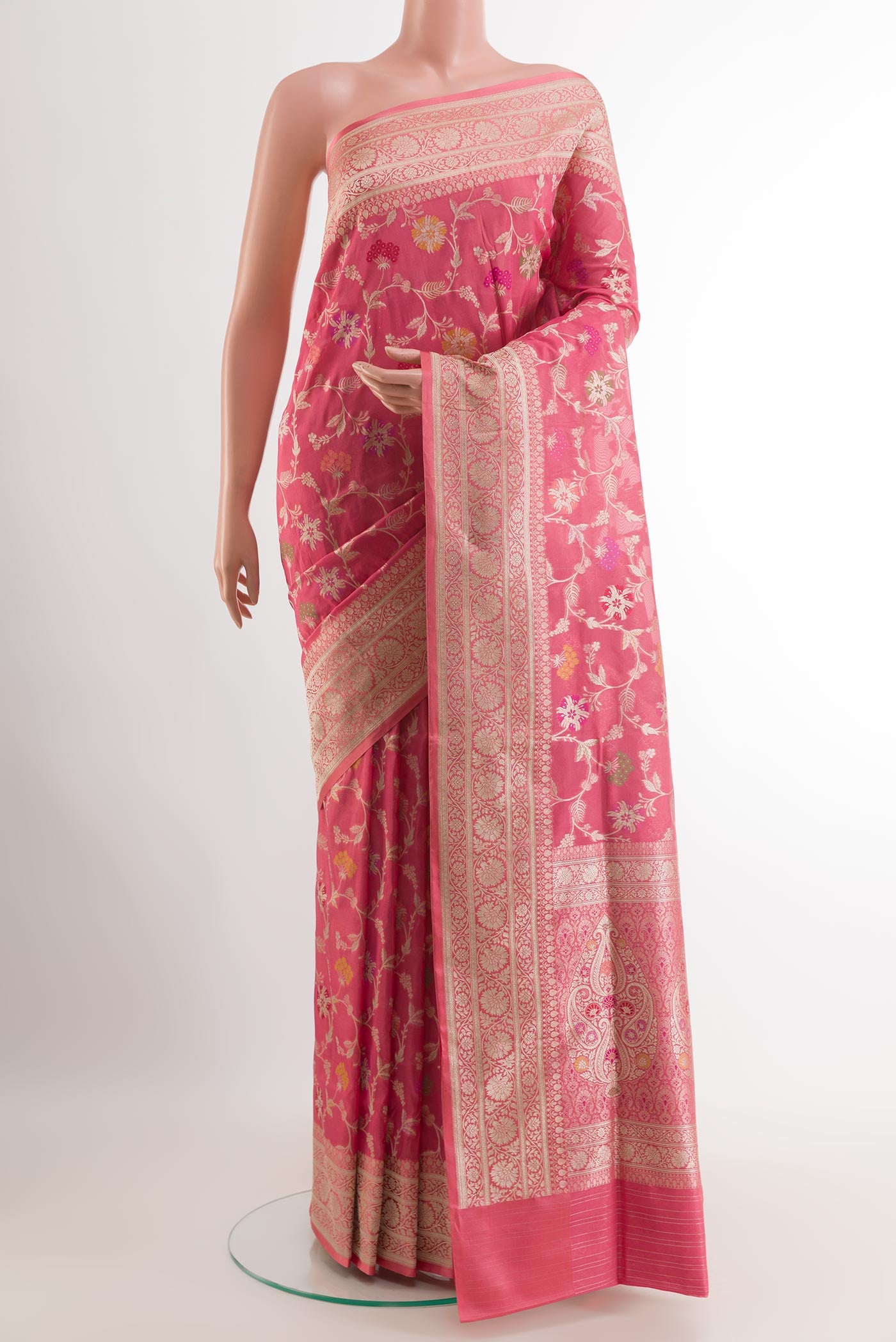 Pink Banarasi Silk Saree with Zari Brocade on the body and Zari Border.  displayed on a mannequin