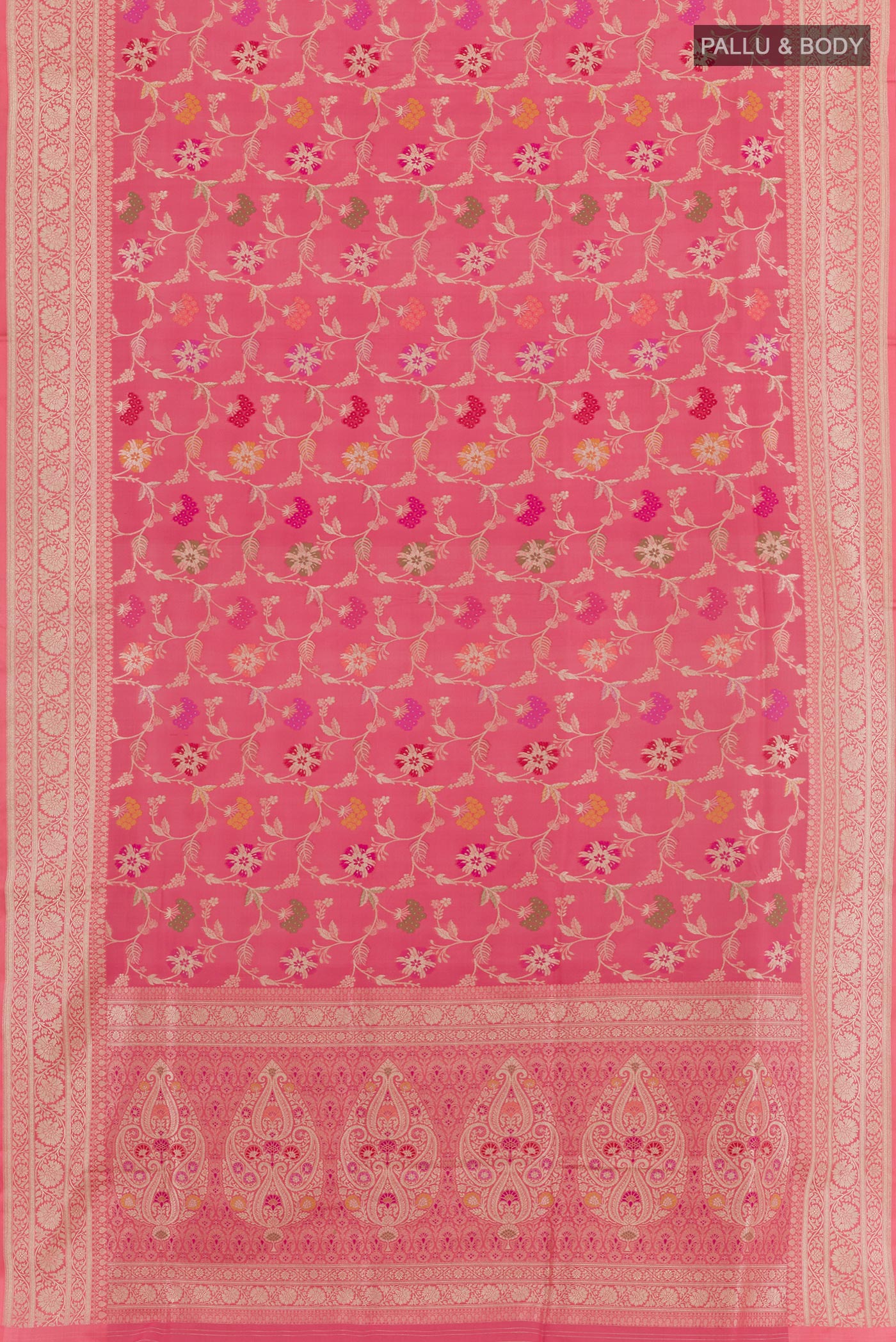 Flat view of Pink Banarasi Silk Saree with Zari Brocade on the body and Zari Border. 