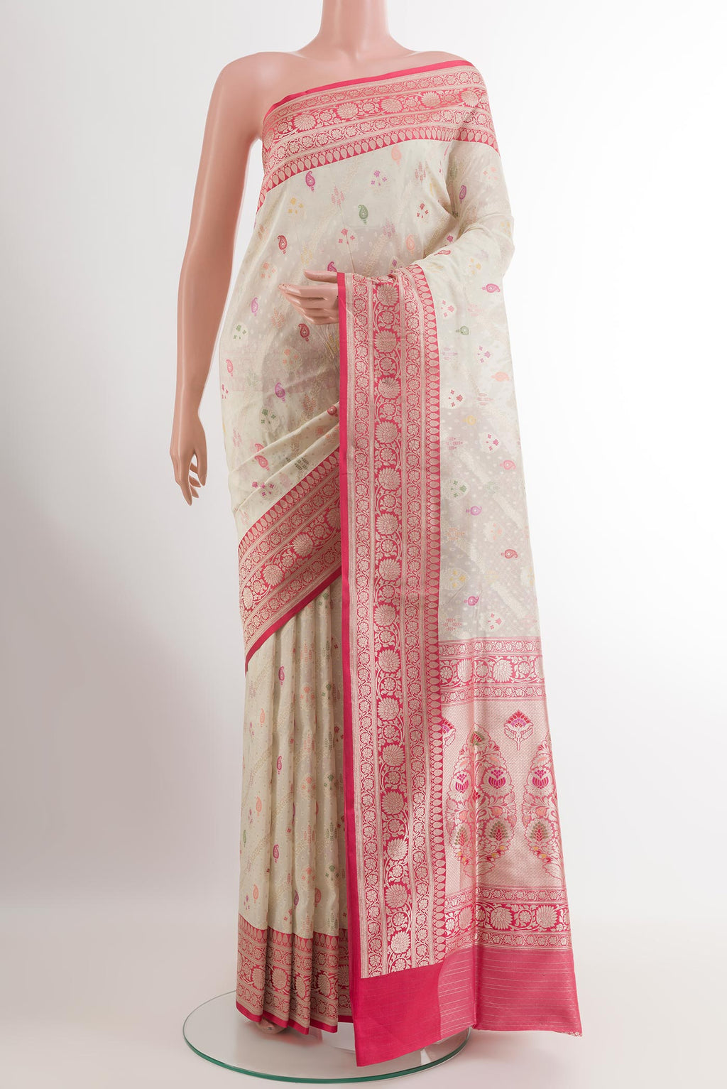 Off White Banarasi Silk Saree with Zari Brocade on the body and Zari Border.  displayed on a mannequin