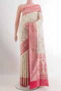 Off White Banarasi Silk Saree with Zari Brocade on the body and Zari Border.  displayed on a mannequin