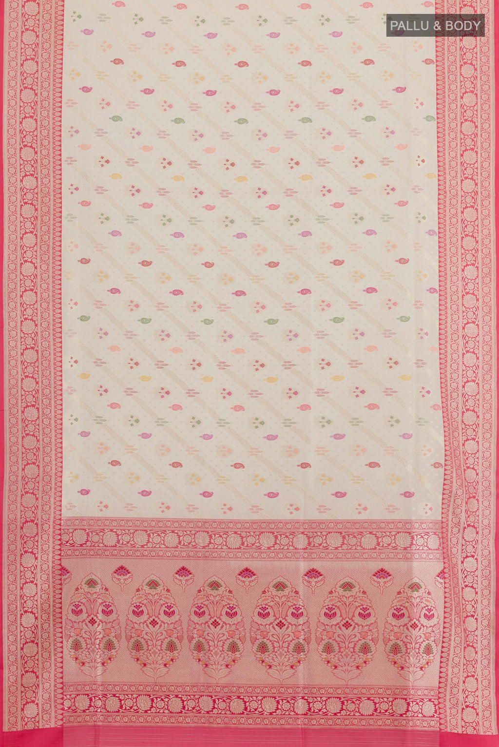 Flat view of Off White Banarasi Silk Saree with Zari Brocade on the body and Zari Border. 
