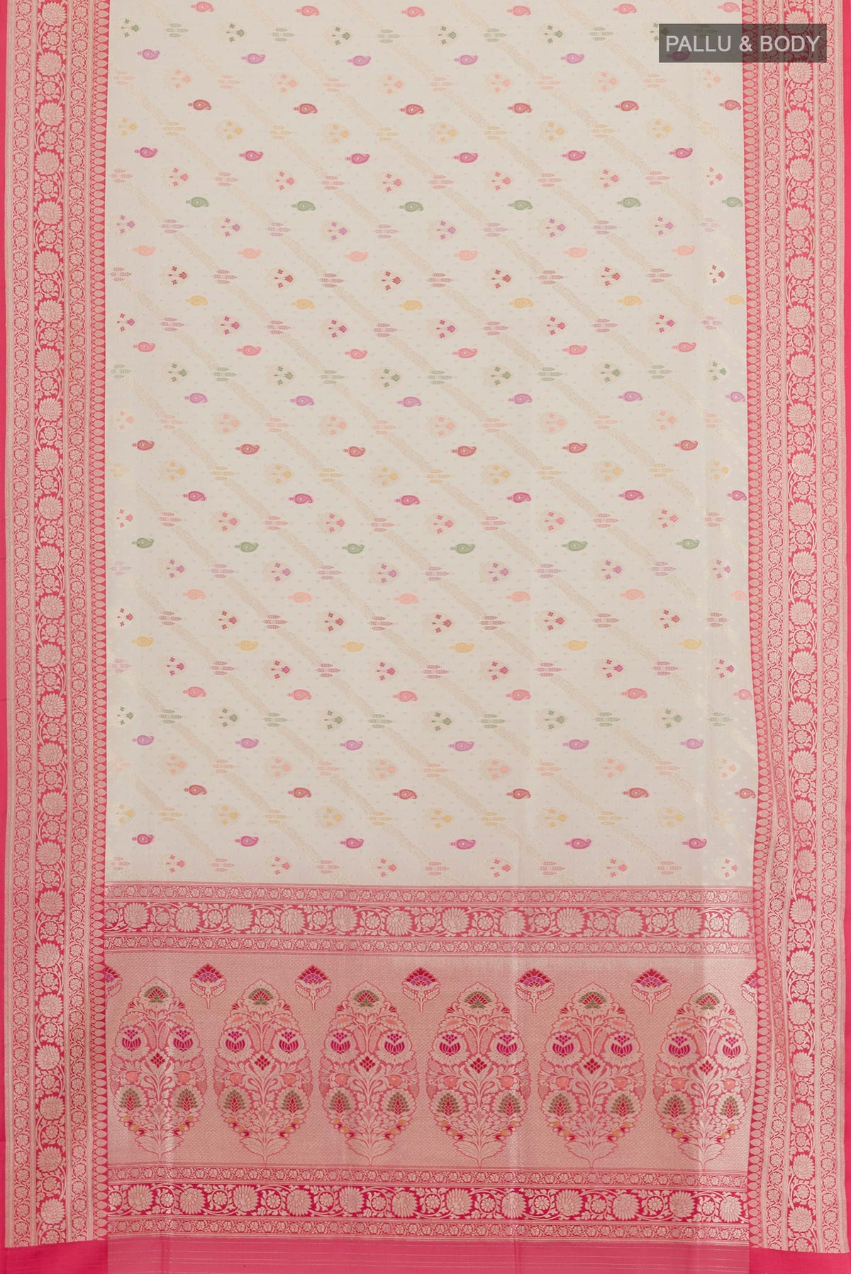 Flat view of Off White Banarasi Silk Saree with Zari Brocade on the body and Zari Border. 