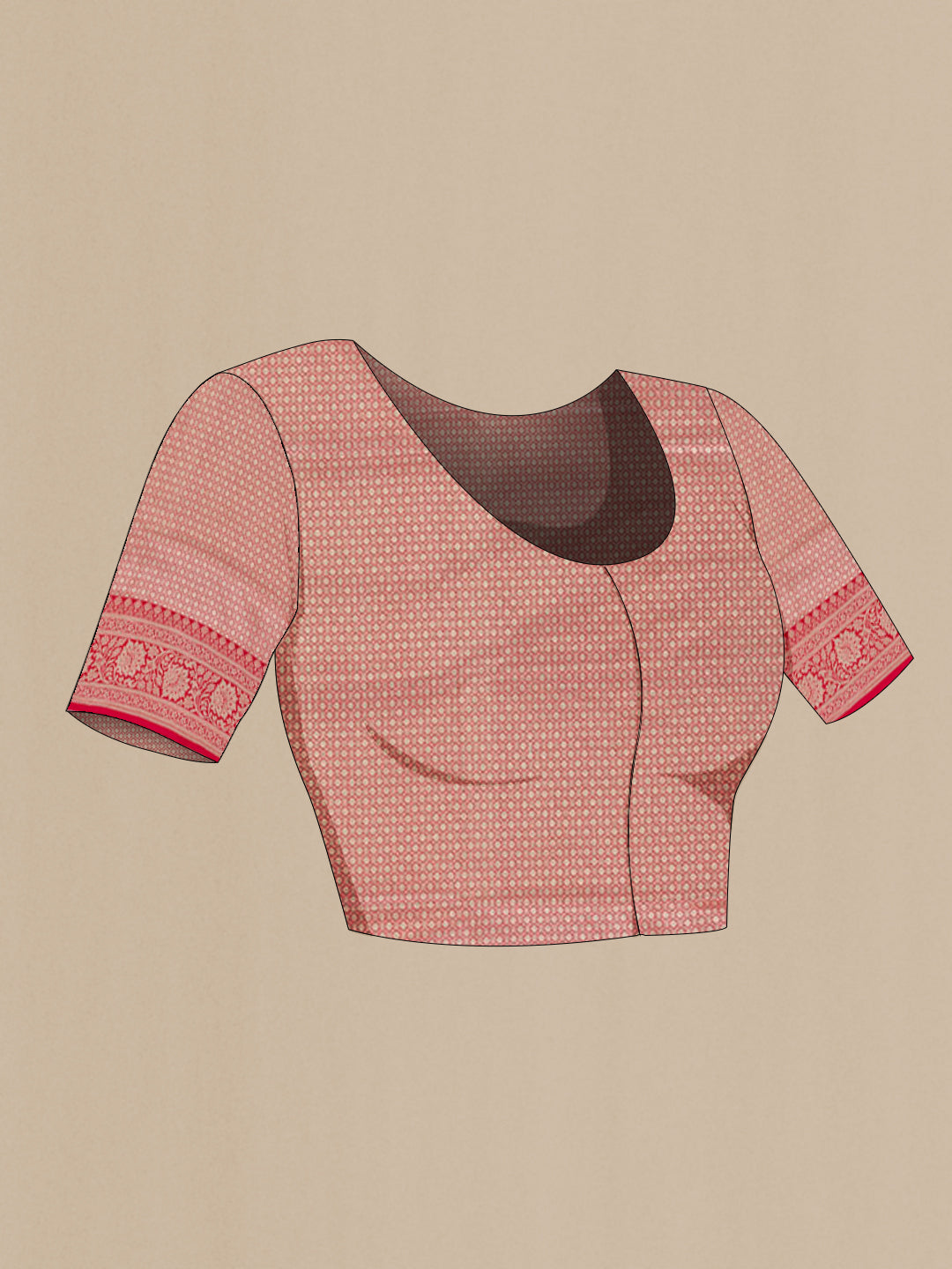 Close up image of the blouse of Pink Banarasi Silk Saree with Zari Brocade on the body and Zari Border. 