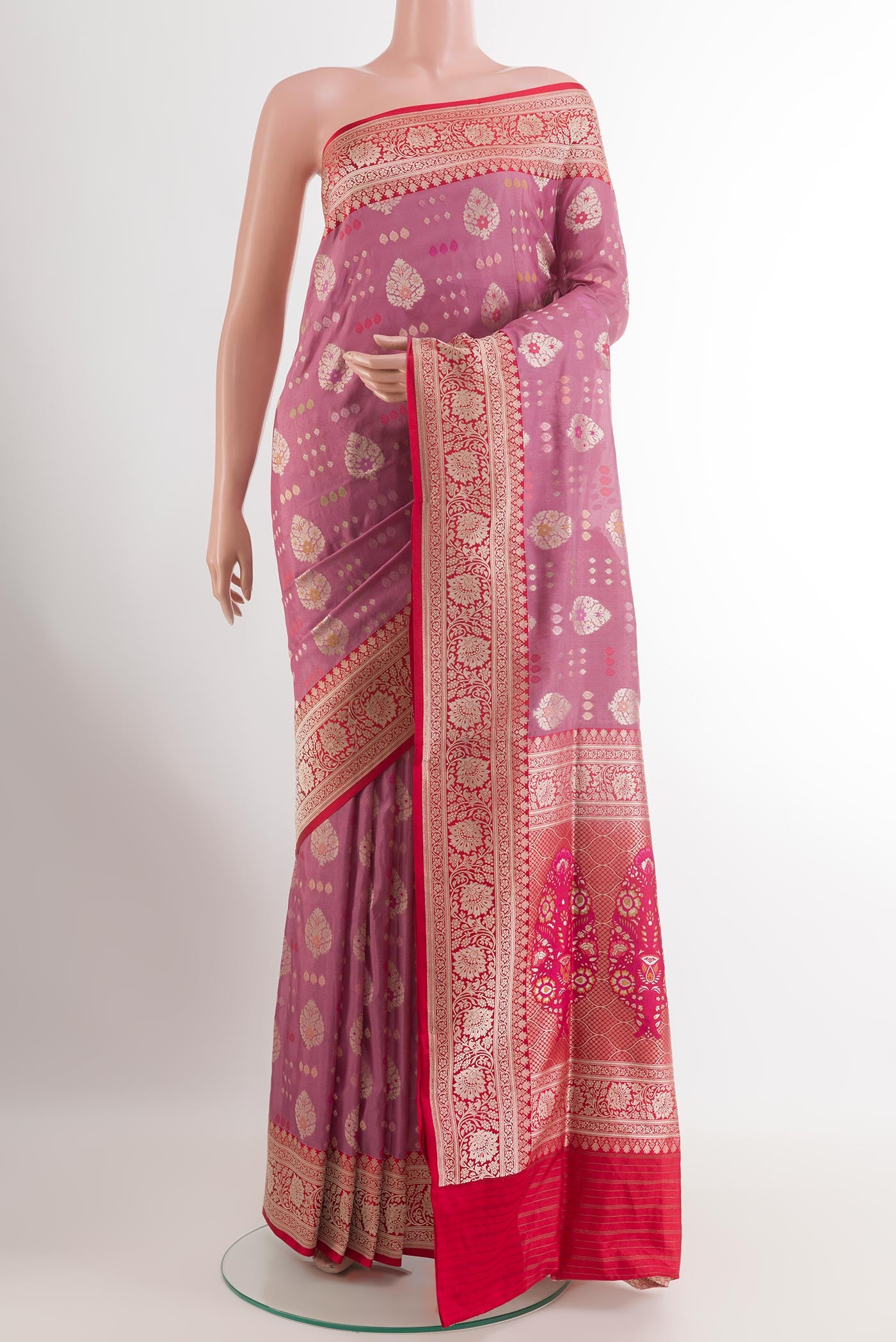 Pink Banarasi Silk Saree with Zari Brocade on the body and Zari Border.  displayed on a mannequin