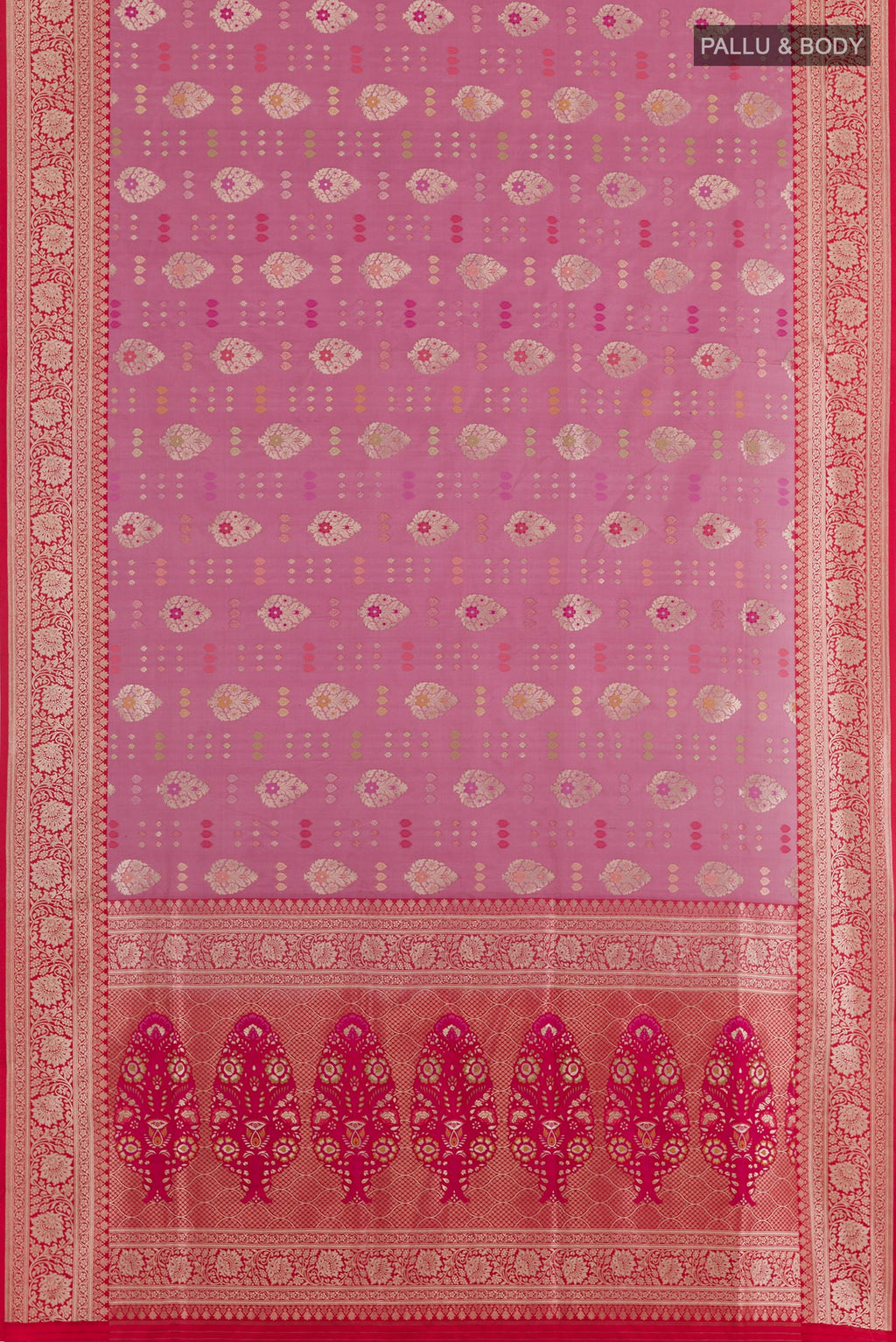 Flat view of Pink Banarasi Silk Saree with Zari Brocade on the body and Zari Border. 
