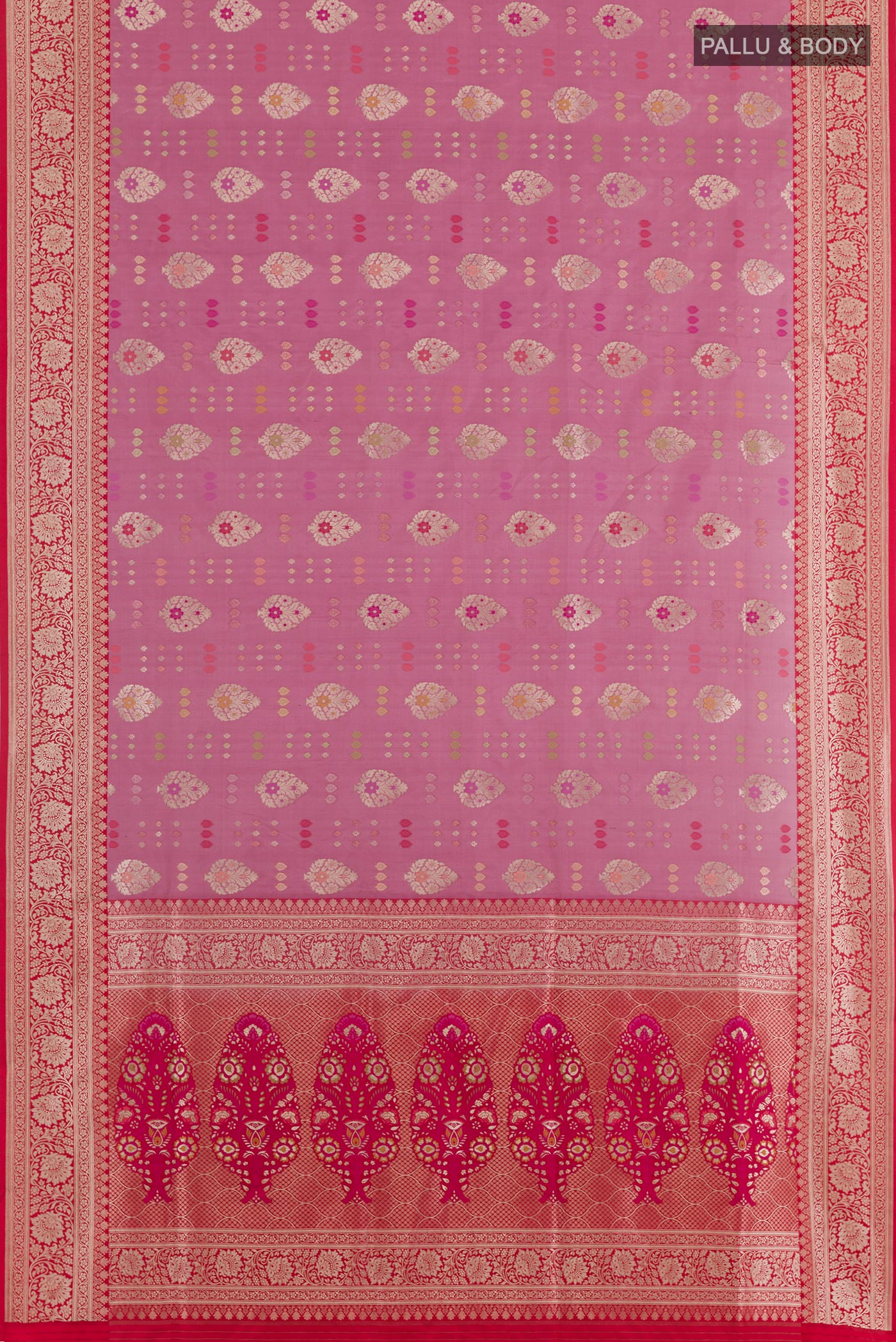 Flat view of Pink Banarasi Silk Saree with Zari Brocade on the body and Zari Border. 