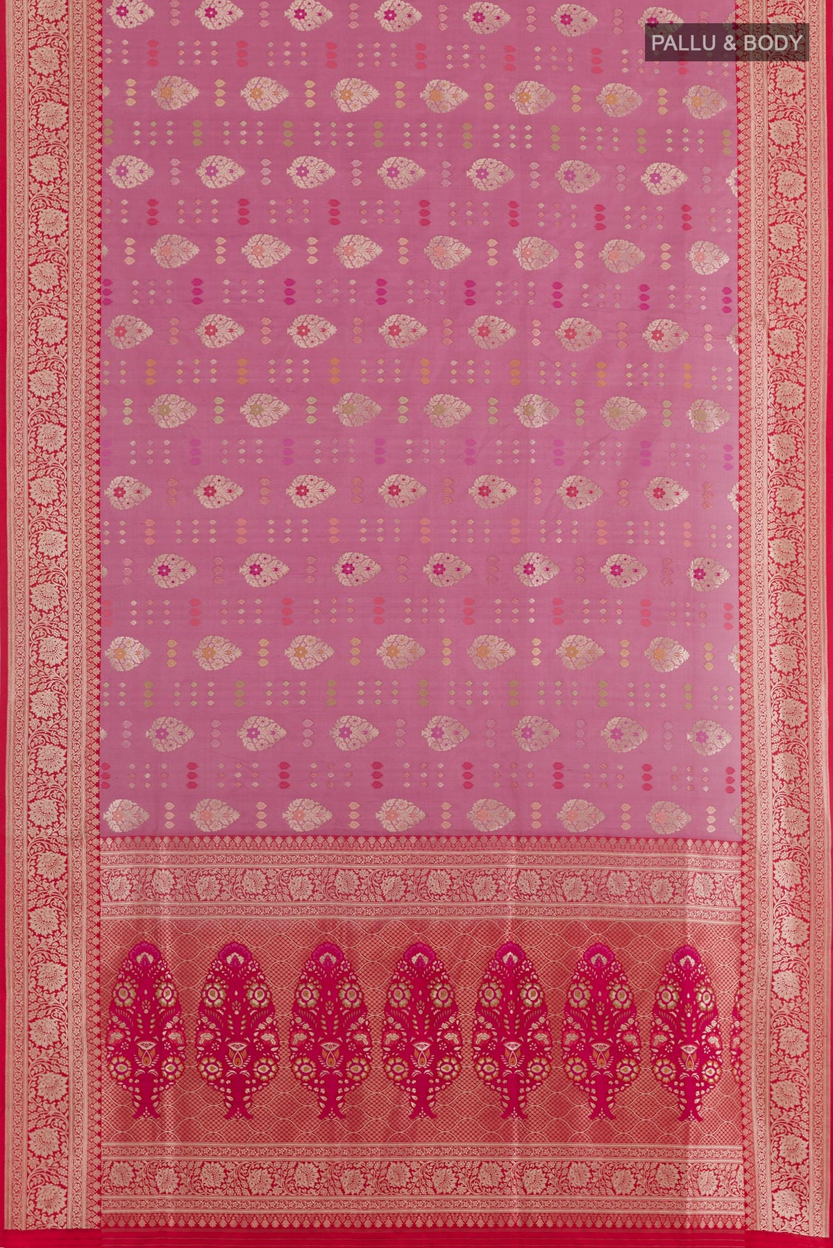 Flat view of Pink Banarasi Silk Saree with Zari Brocade on the body and Zari Border. 