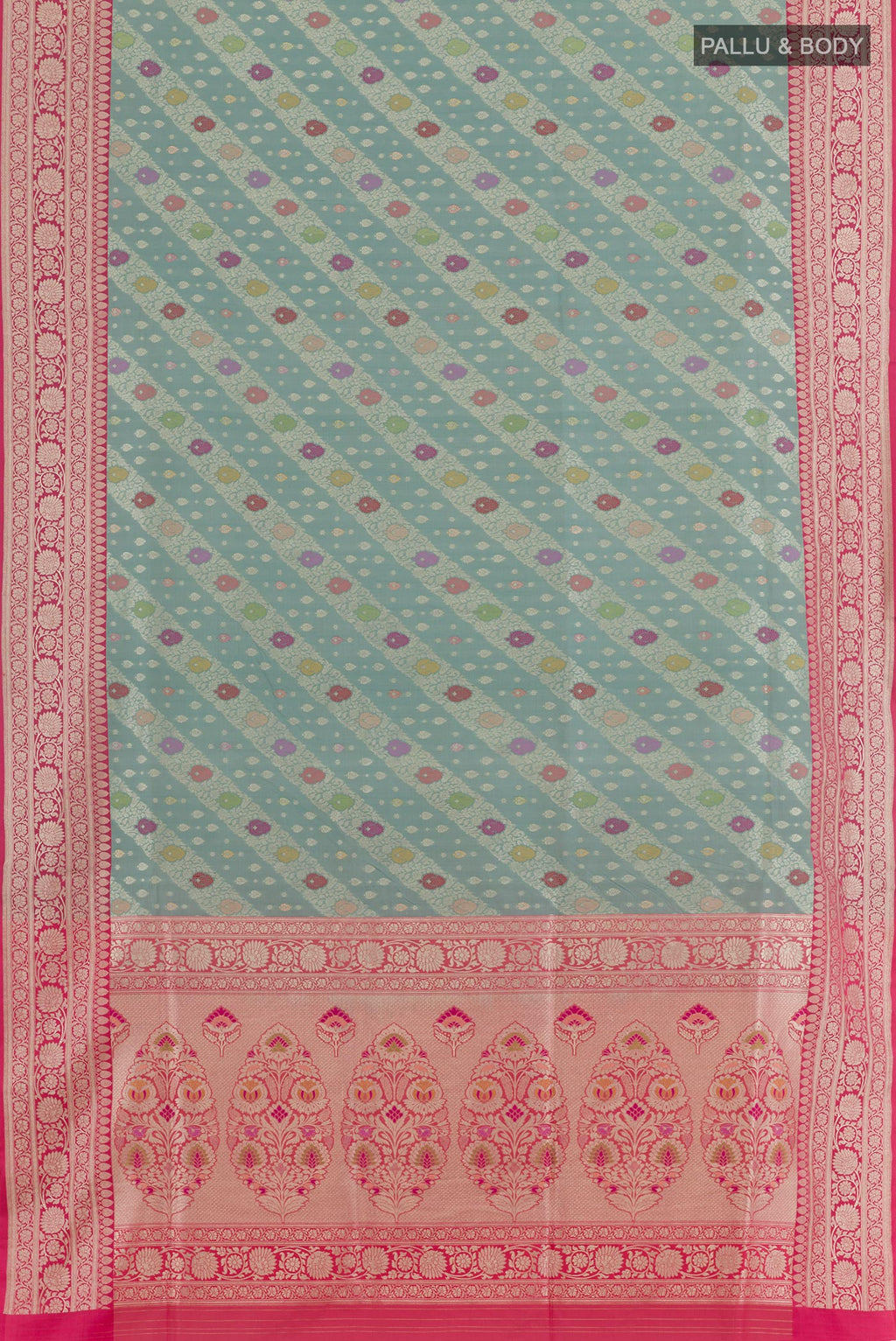 Flat view of Grey Banarasi Silk Saree with Zari Brocade on the body and Zari Border. 
