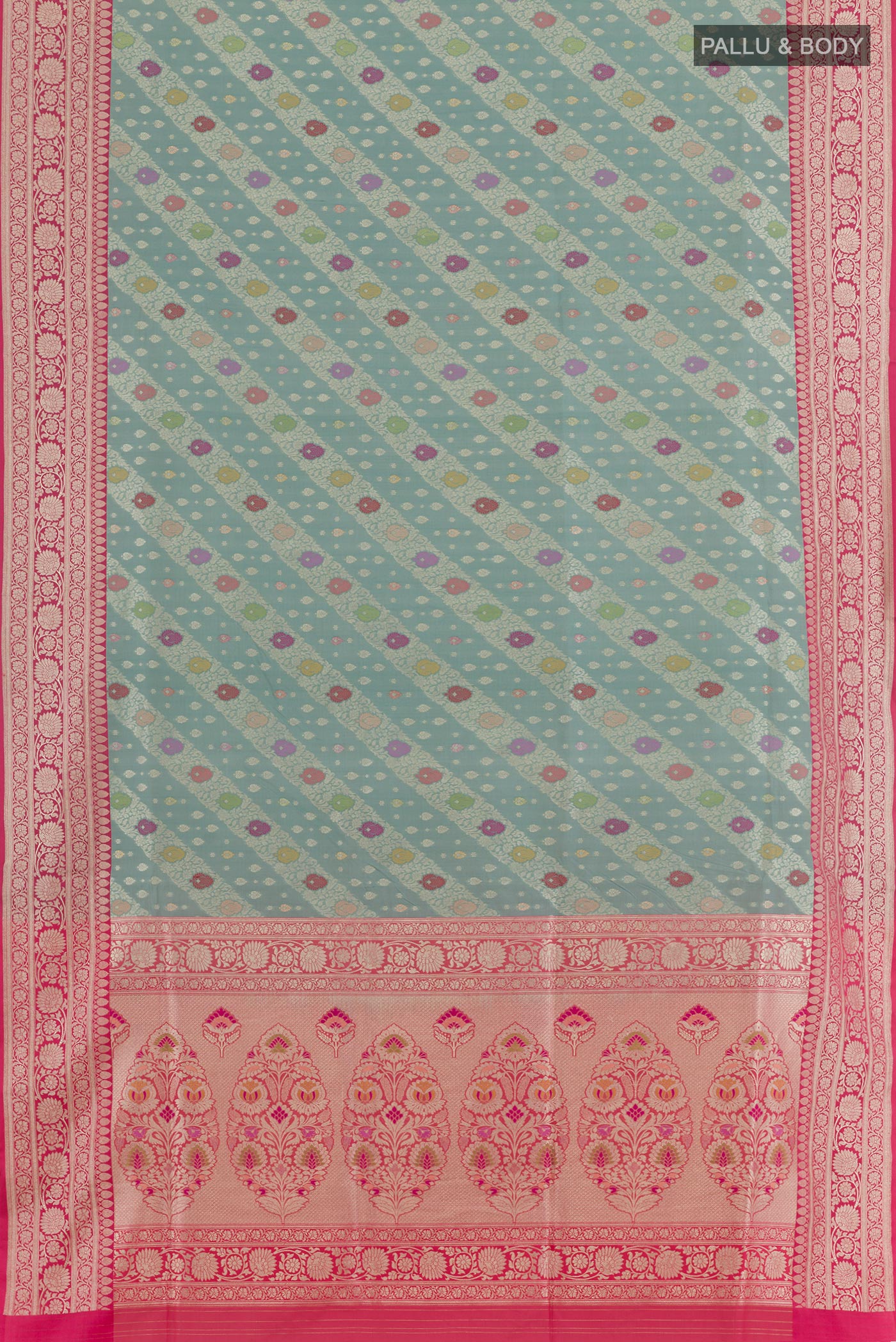 Flat view of Grey Banarasi Silk Saree with Zari Brocade on the body and Zari Border. 